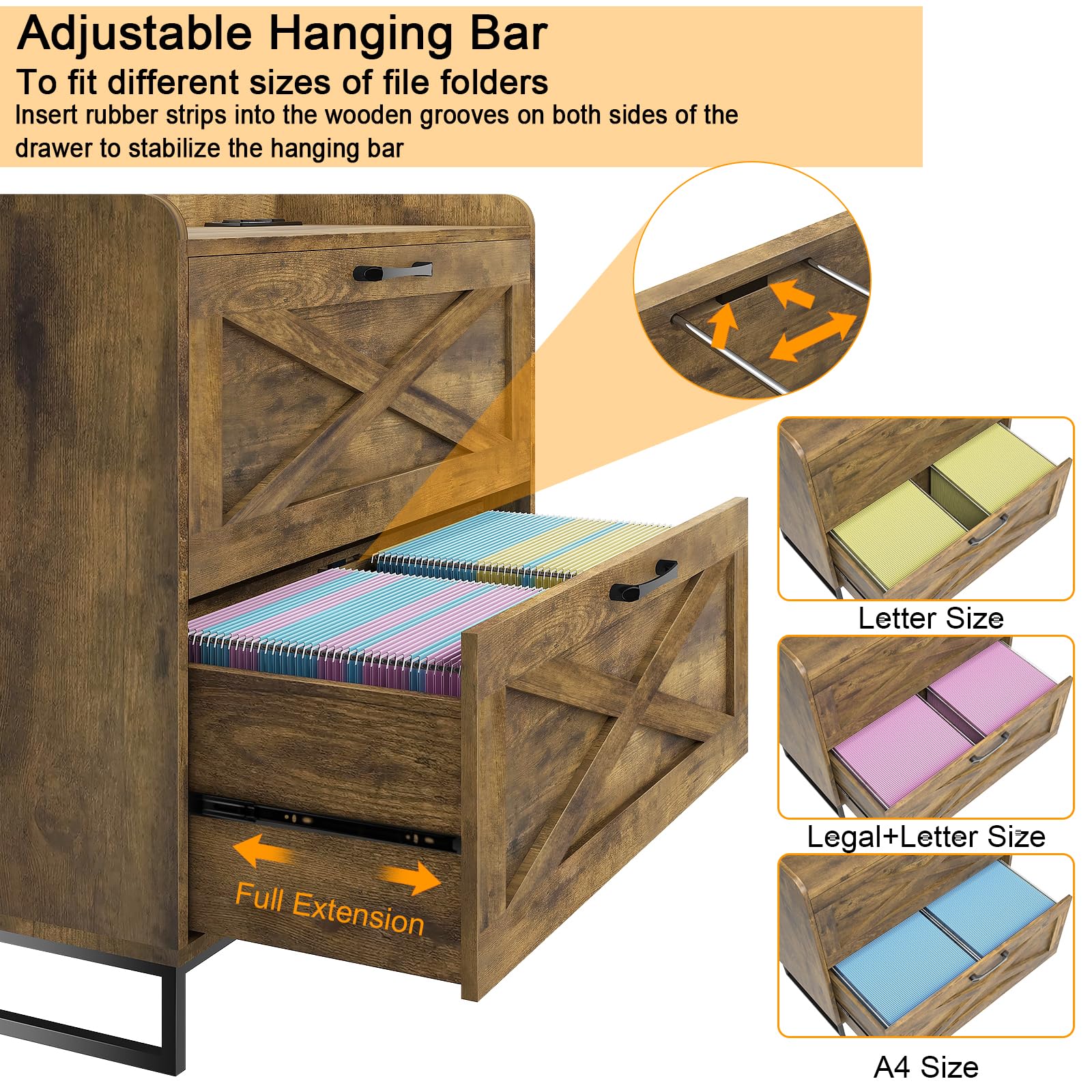 2-Drawer Lateral File Cabinet with Charging Station - Letter/Legal/A4 Size Hanging File Storage - Wooden Office Cabinet with Printer Stand for Home & Workspace - Brown - Perfect for Organizing Documents, Charging Devices & Saving Space in Home Offices