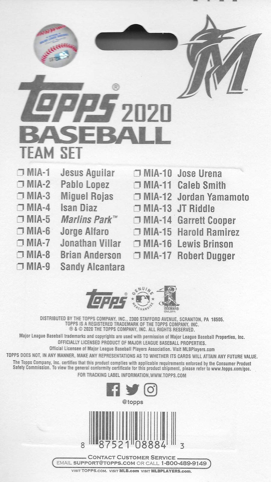 Miami Marlins 2020 Topps Team Set - 17 Cards with Aguilar & Anderson for Collectors