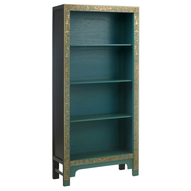 Golden Dragon Oriental Painted Solid Wood Blue and Gold Bookshelf 80x30x170cm - Handcrafted Asian Style Bookcase with Gold Accents for Living Room, Office & Library Decor