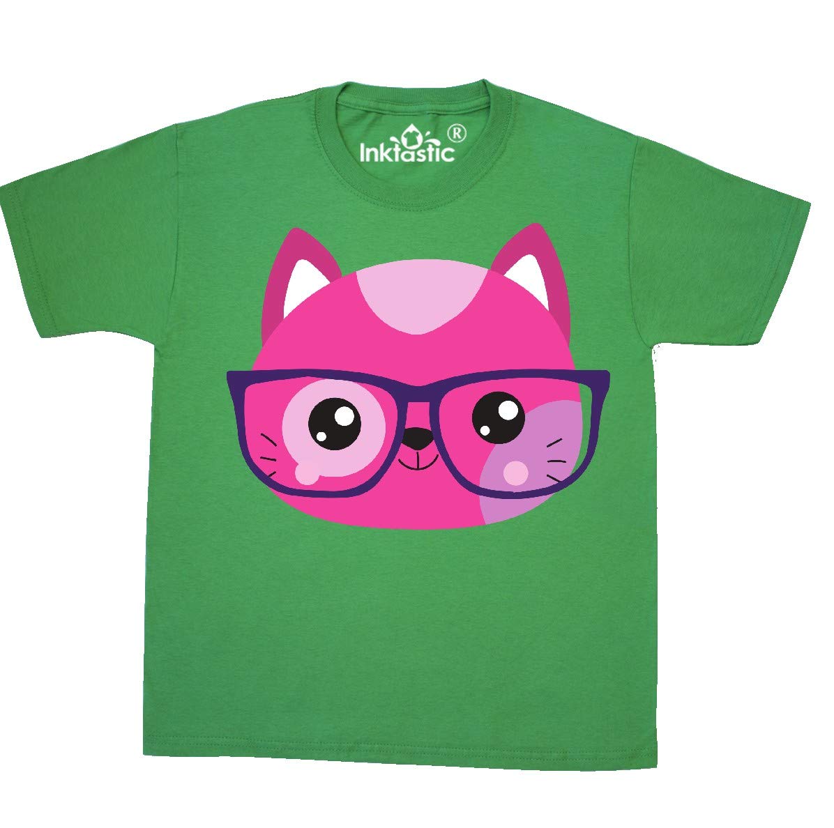 Inktastic Hipster Cat with Glasses - Cute Kitten Graphic Youth T-Shirt for Boys & Girls | Fun Casual Wear for School, Parties & Cat Lovers