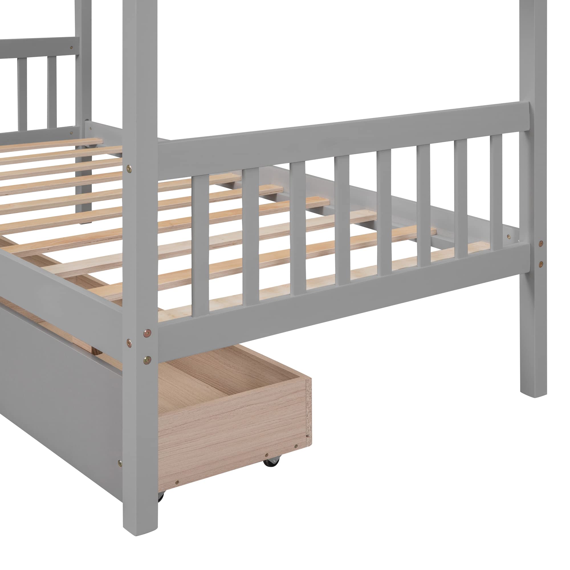 Harper & Bright Designs Twin Size Wooden House Bed for Kids with Storage Drawers - Sturdy Kids Bed Frame with Roof Design for Boys & Girls, Grey - Perfect for Bedrooms, Playrooms & Kids' Sleepovers