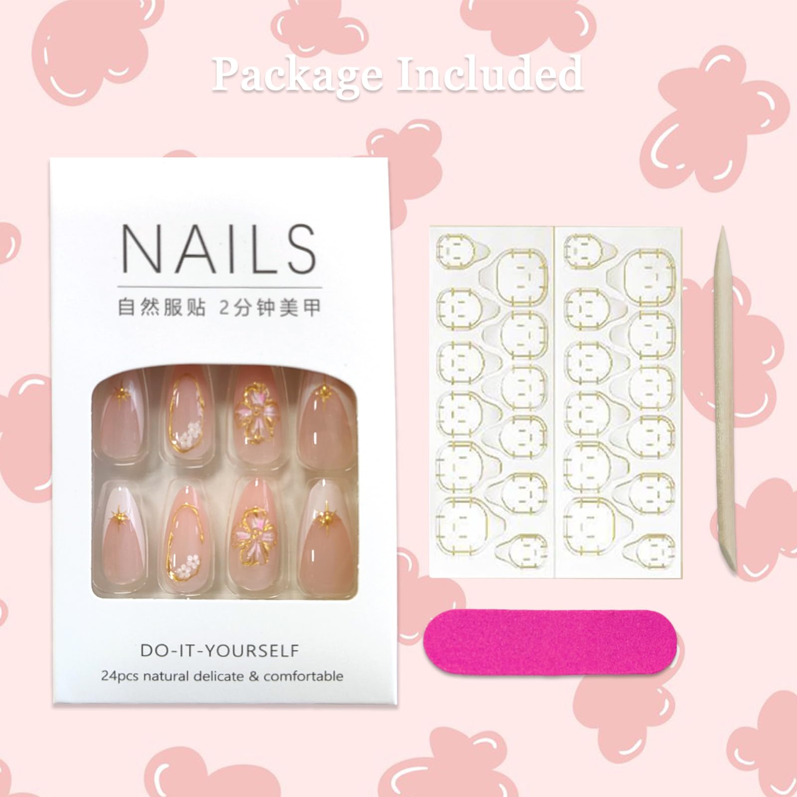 French Tip Press on Nails with Embossed Flower Designs - 24Pcs Almond Medium Fake Nails, White French False Nails, Reusable Stick on Nails, Glossy Gel Acrylic Nail Kit for Women - Perfect for Parties, Weddings, Date Nights & Special Occasions