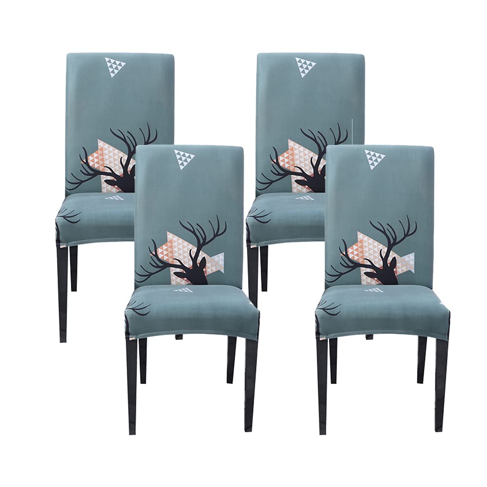 **Stretchable Christmas Chair Covers - Washable & Removable Dining Room Chair Protectors for Home & Hotel - Festive Geometric Elk & Xmas Tree Design (Blue, Set of 4) - Perfect for Holiday Decor, Parties & Seasonal Gatherings**