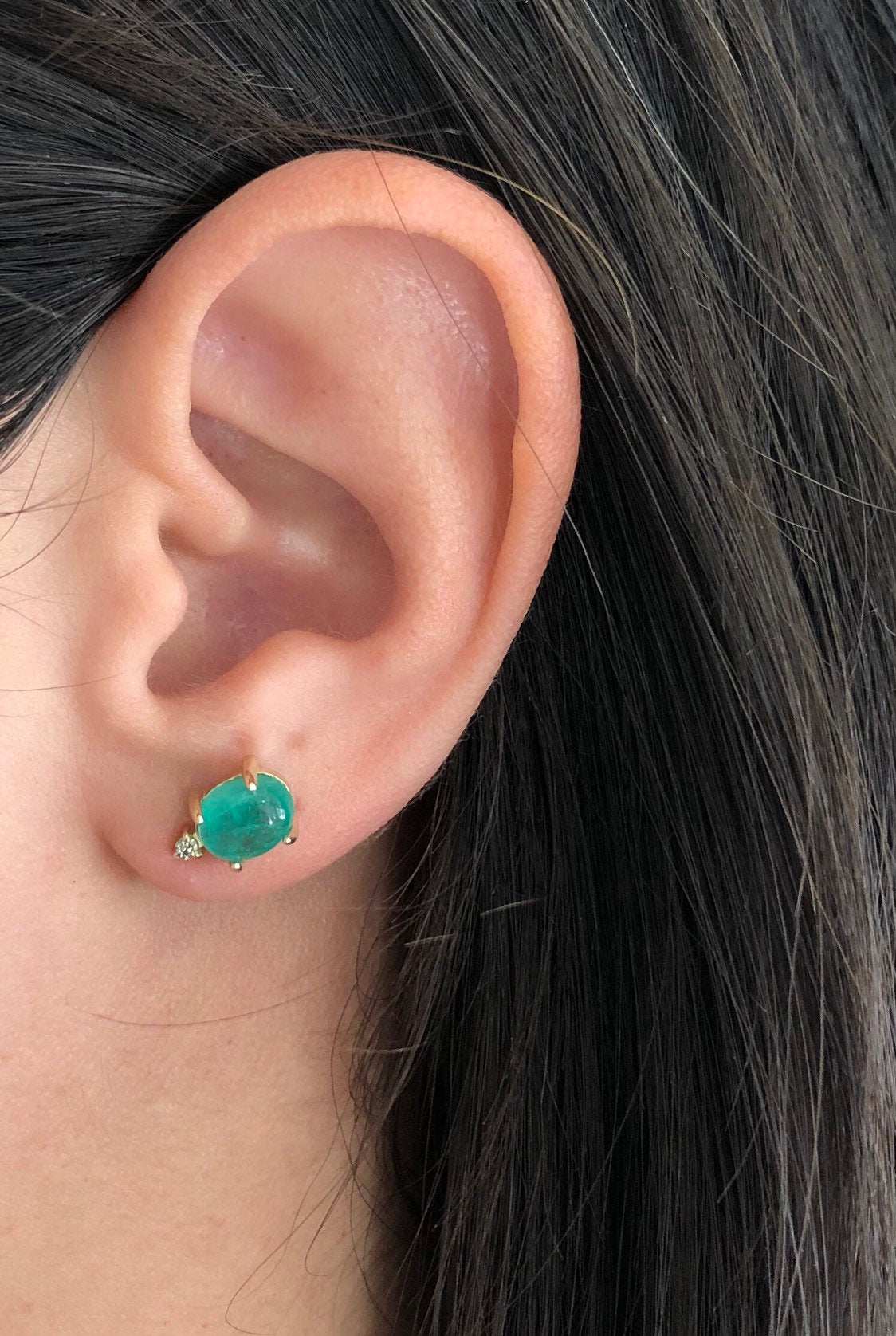3.10tcw Cabochon Emerald & Diamond Stud Earrings in 14K Gold - Elegant Jewelry for Women, Perfect for Weddings, Parties & Special Occasions