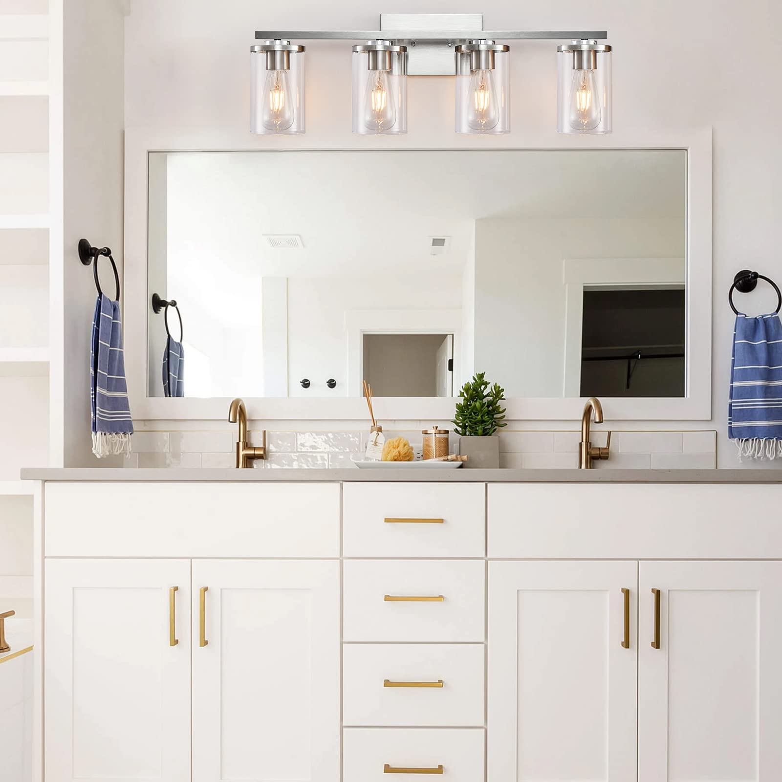 Modern Brushed Nickel 4-Light Bathroom Vanity Light Fixture with Clear Glass Shade - Perfect for Mirror Lighting in Contemporary Bathrooms & Powder Rooms