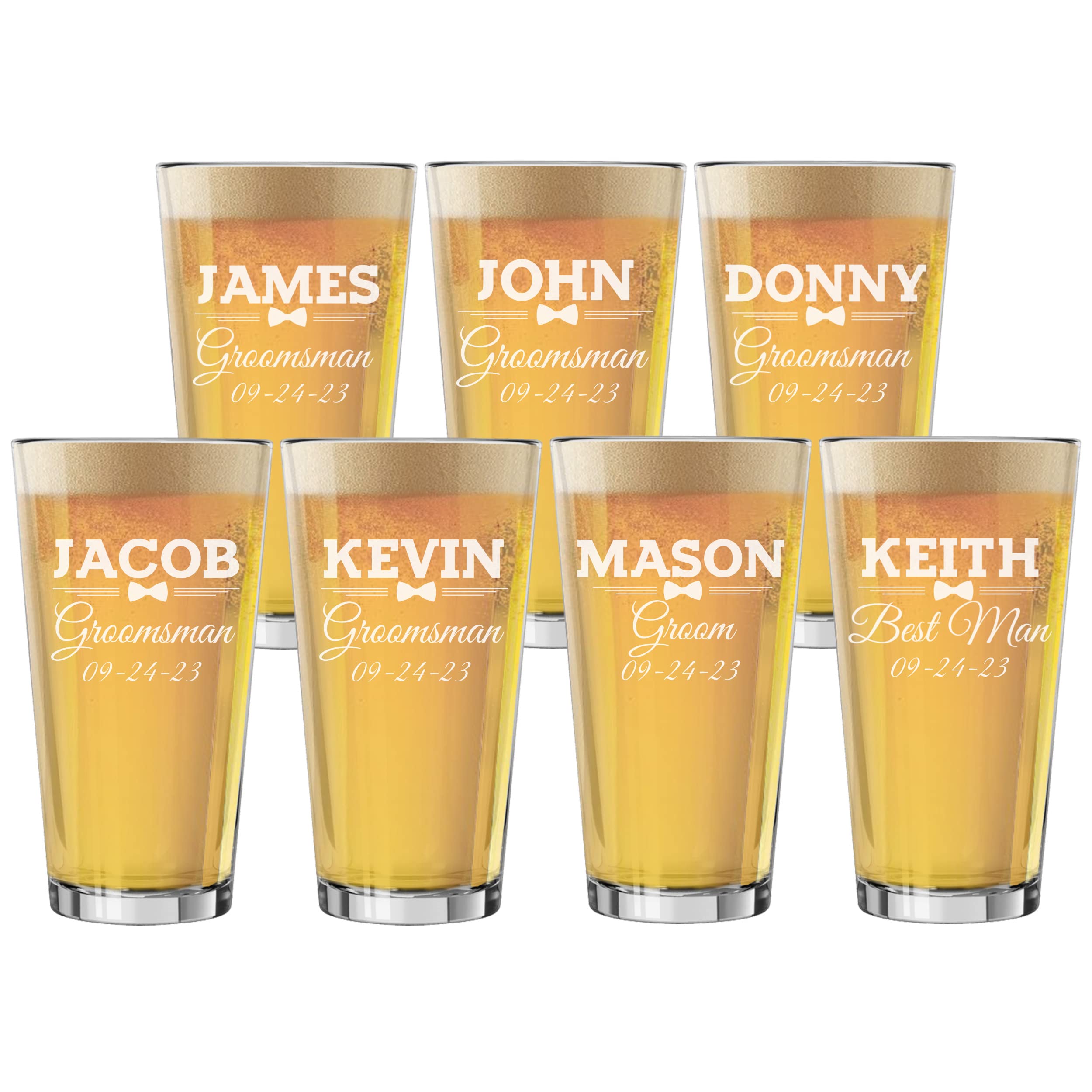 Personalized Bow Tie Groomsman Beer Glasses Set of 7 - 16 oz Custom Engraved Pint Glasses for Wedding Party - Perfect for Bachelor Parties, Groomsmen Gifts & Anniversary Celebrations