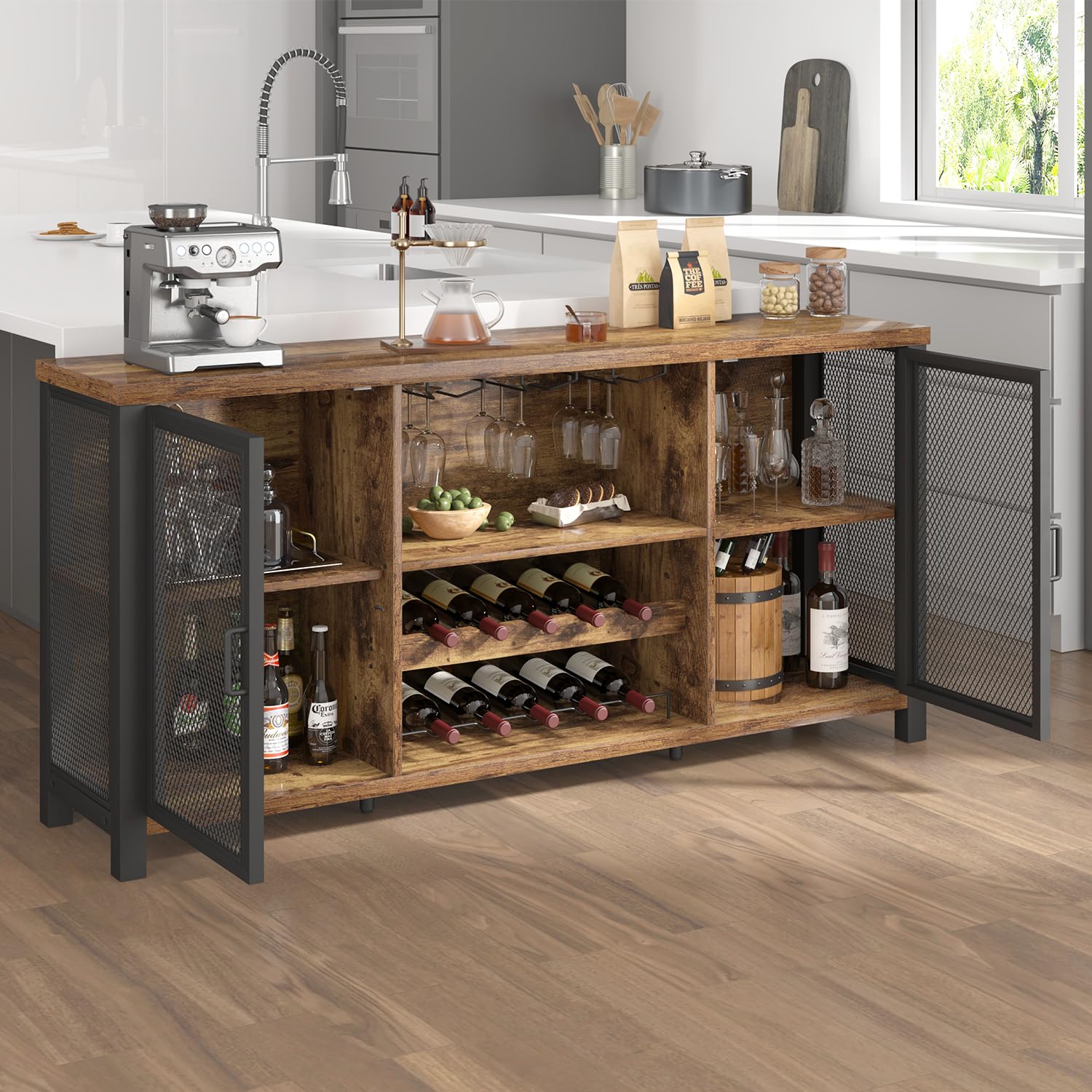 Industrial Coffee & Wine Bar Cabinet - 55 Inch Rustic Brown Wood Metal Sideboard Buffet for Liquor, Glasses & Storage | Perfect for Home Kitchen, Dining Room & Entertaining Guests