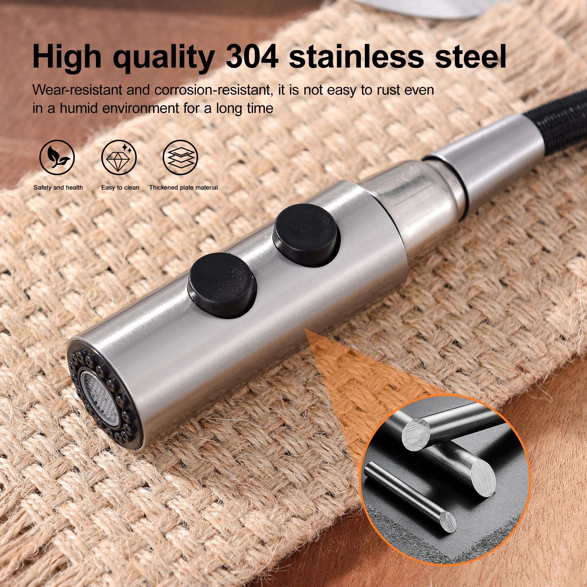 Stainless Steel Pull Down Kitchen Faucet Spray Head Replacement with 15 Adapters - 2 Function Brushed Nickel Sink Nozzle for Easy Dishwashing & Food Prep