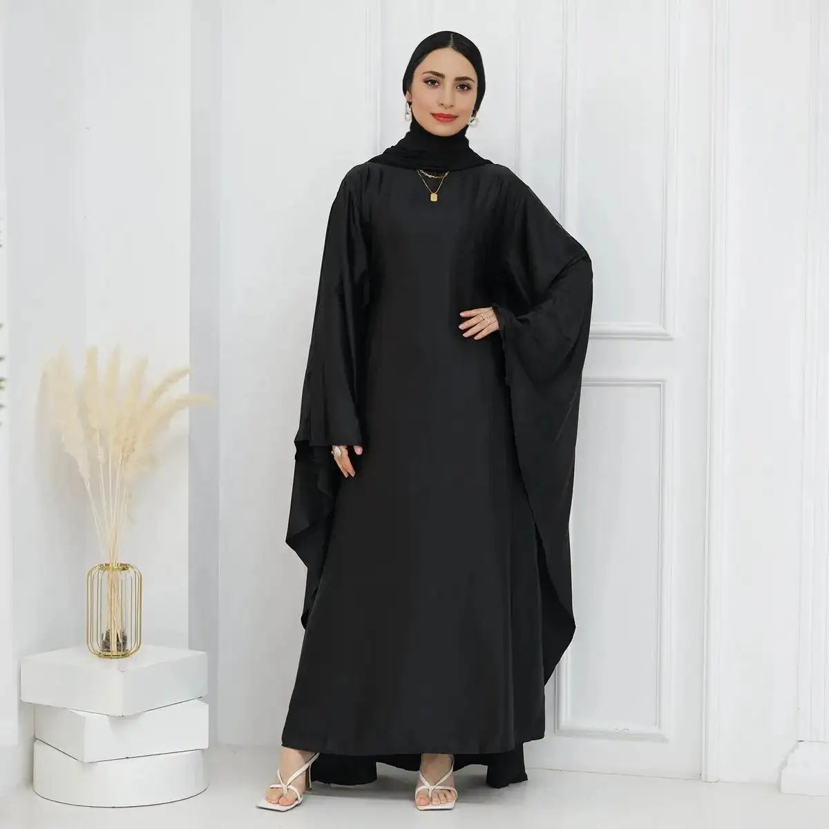 Elegant Butterfly Batwing Sleeve Satin Farasha Abaya Dress with Inner Belt - Modest Muslim Women's Prayer Dress for Special Occasions & Evening Events