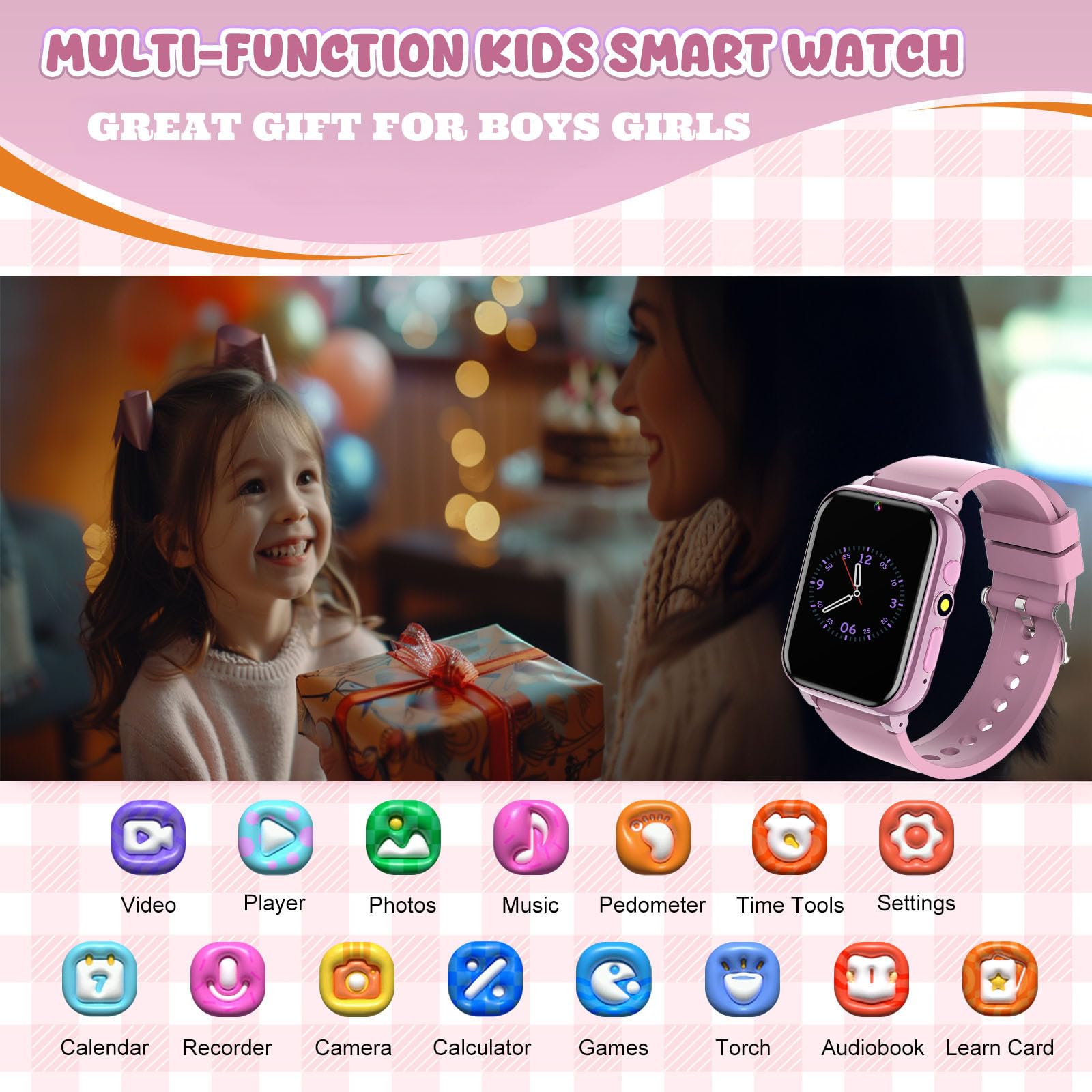 1.69'' Kids Smart Watch for Boys & Girls Ages 4-12 - Pedometer, 26 Puzzle Games, Camera, Video Player, Music Player, Flashlight & Alarm Clock - Perfect Birthday Gift (Pink) | Ideal for Outdoor Play, School Activities & Daily Tracking