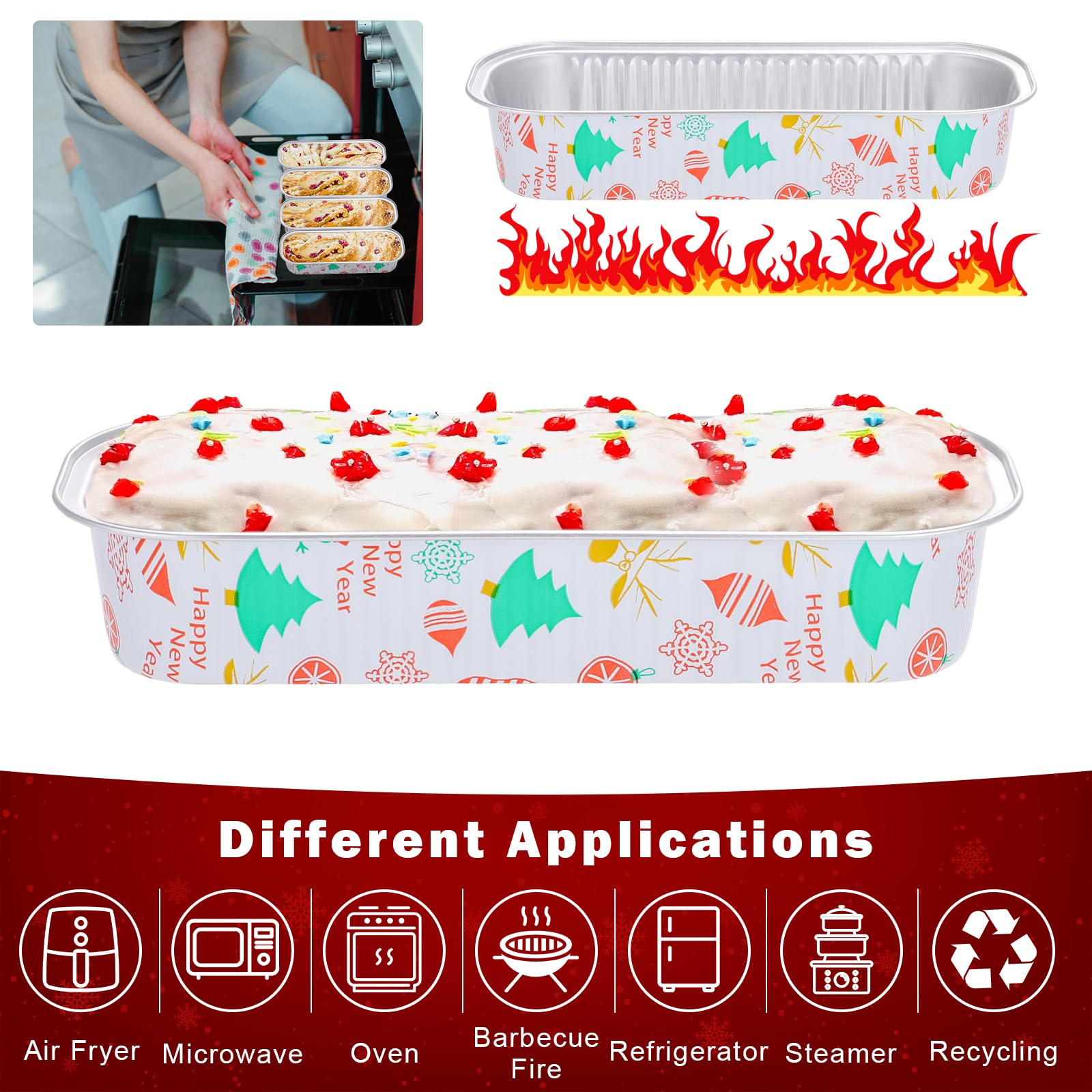 50-Pack 6.8Oz Disposable Aluminum Foil Mini Loaf Pans with Lids & Spoons - Christmas Mini Cake Pans, Individual Dessert Containers for Baking, Party, Picnic, Holiday Treats & Gift Giving
