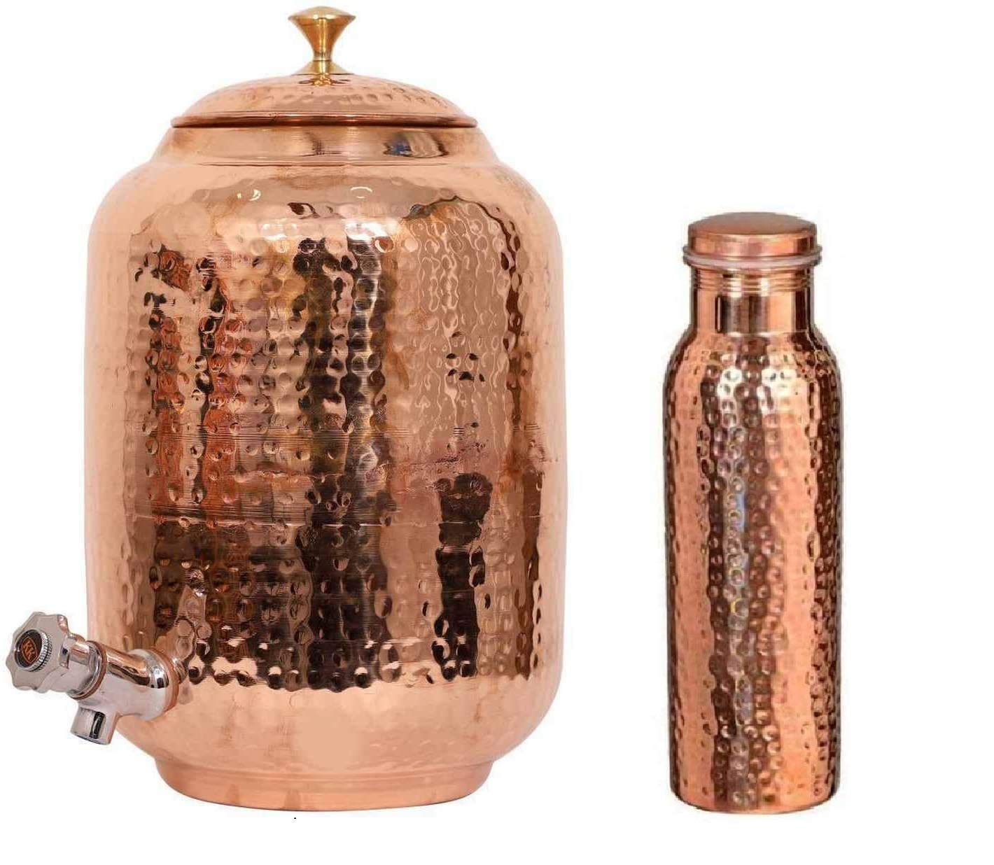 Handmade Hammered Copper Water Dispenser & Bottle Set - Traditional Indian Matka Style for Home & Office - 1 Copper Tank + 1 Copper Bottle - Perfect for Ayurvedic Water Storage, Wedding Decor & Rustic Kitchen Decor