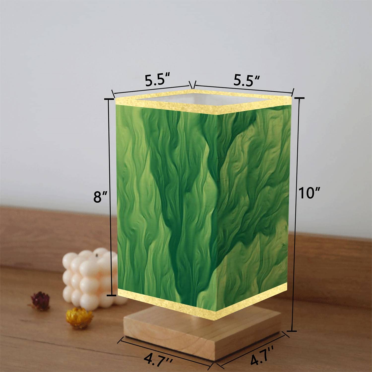 Square Dimmable Bedside Table Lamp with Green Seaweed Abstract Fractal Art Design, Wooden Base & Flaxen Fabric Shade - Modern Nightstand Lamp for Bedroom, Living Room, Office | Perfect for Reading, Relaxing & Ambient Lighting