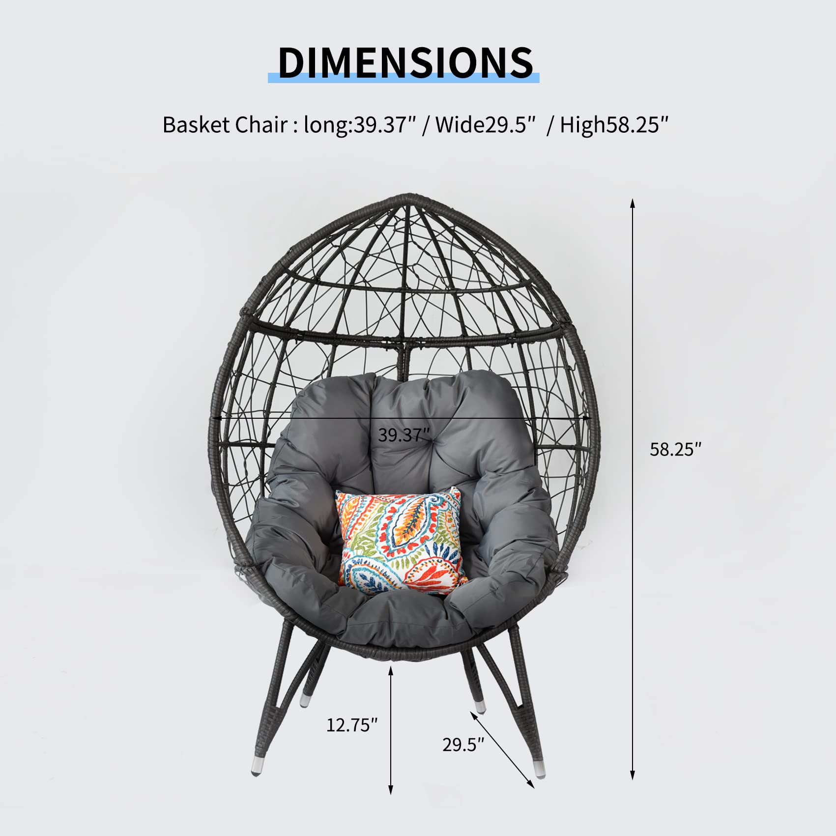 Oversized Wicker Egg Chair with Stand - 410 lbs Capacity Indoor/Outdoor Rattan Hanging Chair for Patio, Backyard, Balcony & Bedroom - Includes 4'' Cushion (Gray) - Perfect for Relaxing, Reading & Lounging