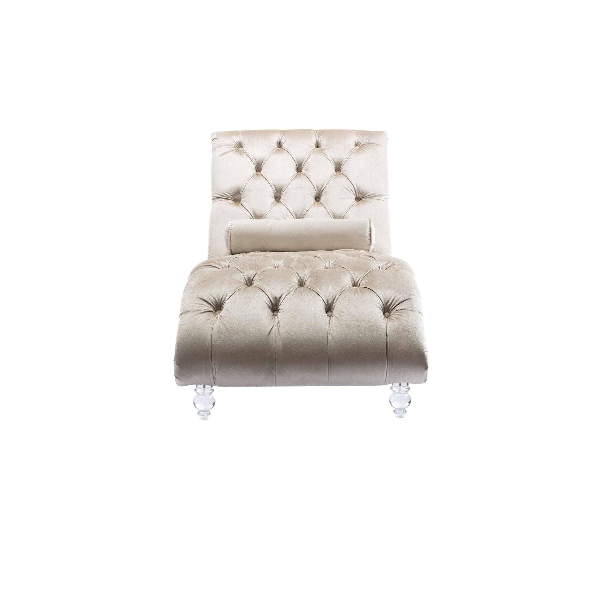 Luxury Velvet Chaise Lounge Chair - Button Tufted Upholstered Sofa with Pillow for Bedroom, Living Room & Office - Elegant Beige Velvet - Perfect for Relaxing, Reading & Home Decor
