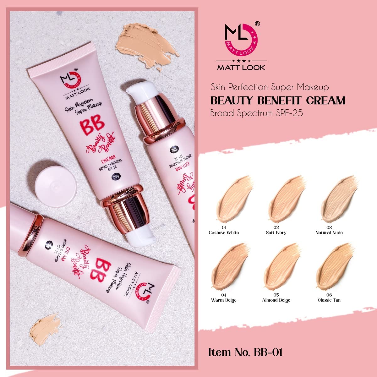 MATT LOOK Skin Perfection BB Super Makeup Cream SPF 25 - Oil Free, Lightweight, Blemish Cover & Pore Minimizing Facial Moisturizer - Deep Hydration - Almond Beige (1.34oz) | Perfect for Daily Wear, Sun Protection & Flawless Makeup Base