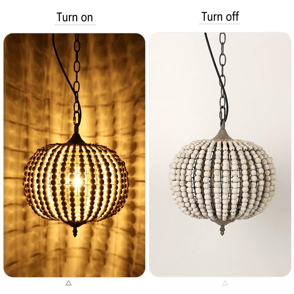 Bohemian Gray White Wood Bead Chandelier Pendant Light - Handcrafted Globe Ceiling Lamp for Bedroom, Dining Room & Living Room | Perfect for Beach House Decor, Farmhouse Style & Boho Home Lighting