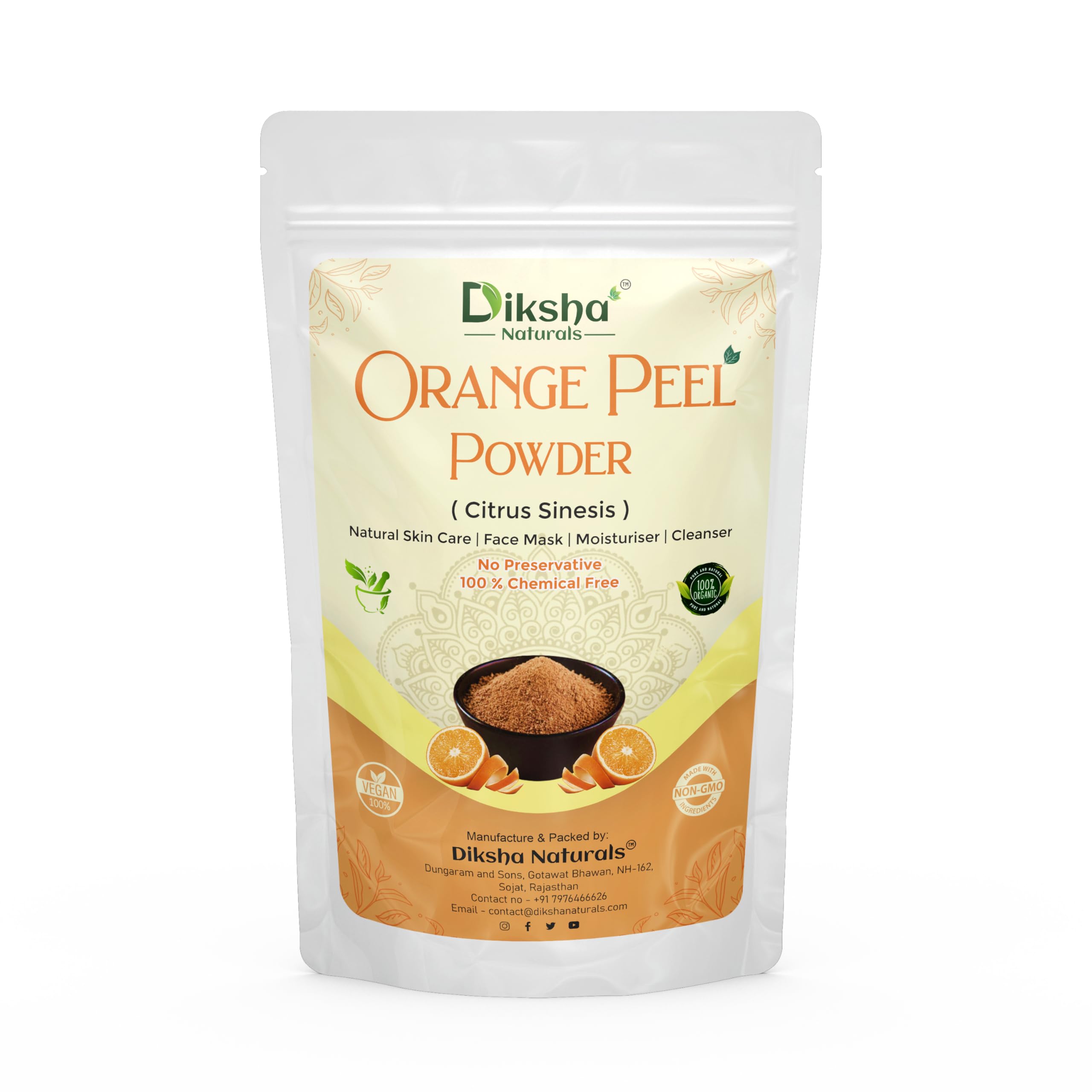 Organic Orange Peel Powder for Skin Brightening & Glow - 100% Natural Face Mask for Tan Removal & Fairness - 100g | DIY Skincare, Facial Scrub, Homemade Beauty Treatments