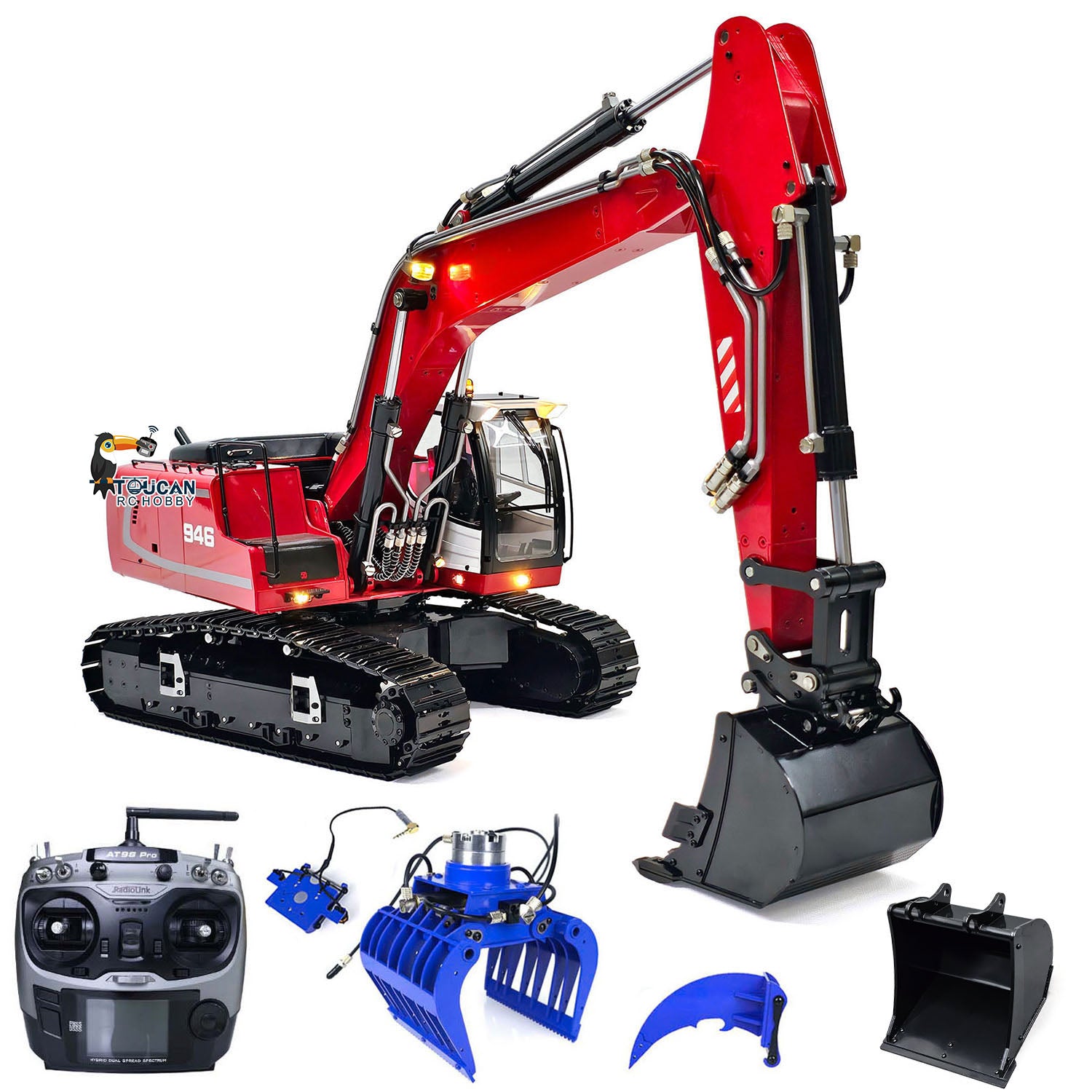 MTMODEL 1/14 Scale Metal RC Hydraulic Excavator - Remote Control Tracked Digging Vehicle with Dual Arms, Ripper, Tiltable Bucket & Grab for Construction Simulation & Collectors | Perfect for Kids Play, Construction Enthusiasts & Model Display
