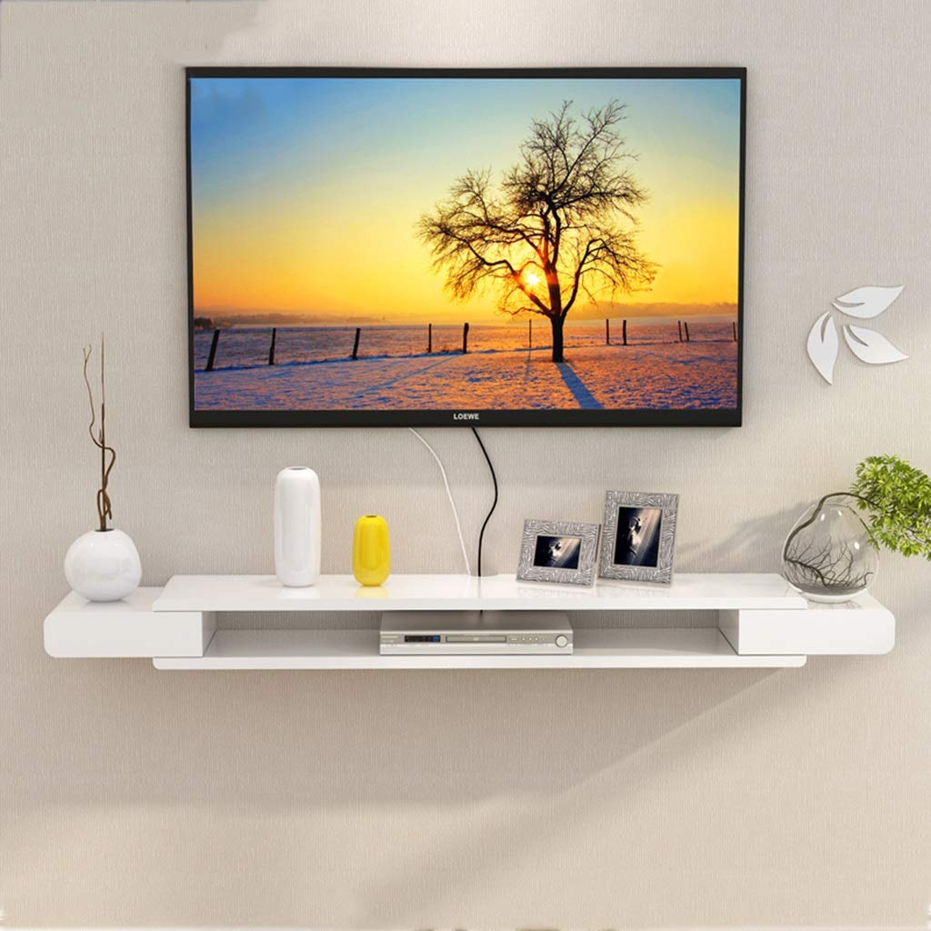 White Floating Wall Shelf - 110cm Modern TV Stand & Media Console with Cable Box & DVD Storage - Perfect for Living Room, Bedroom & Home Office Organization