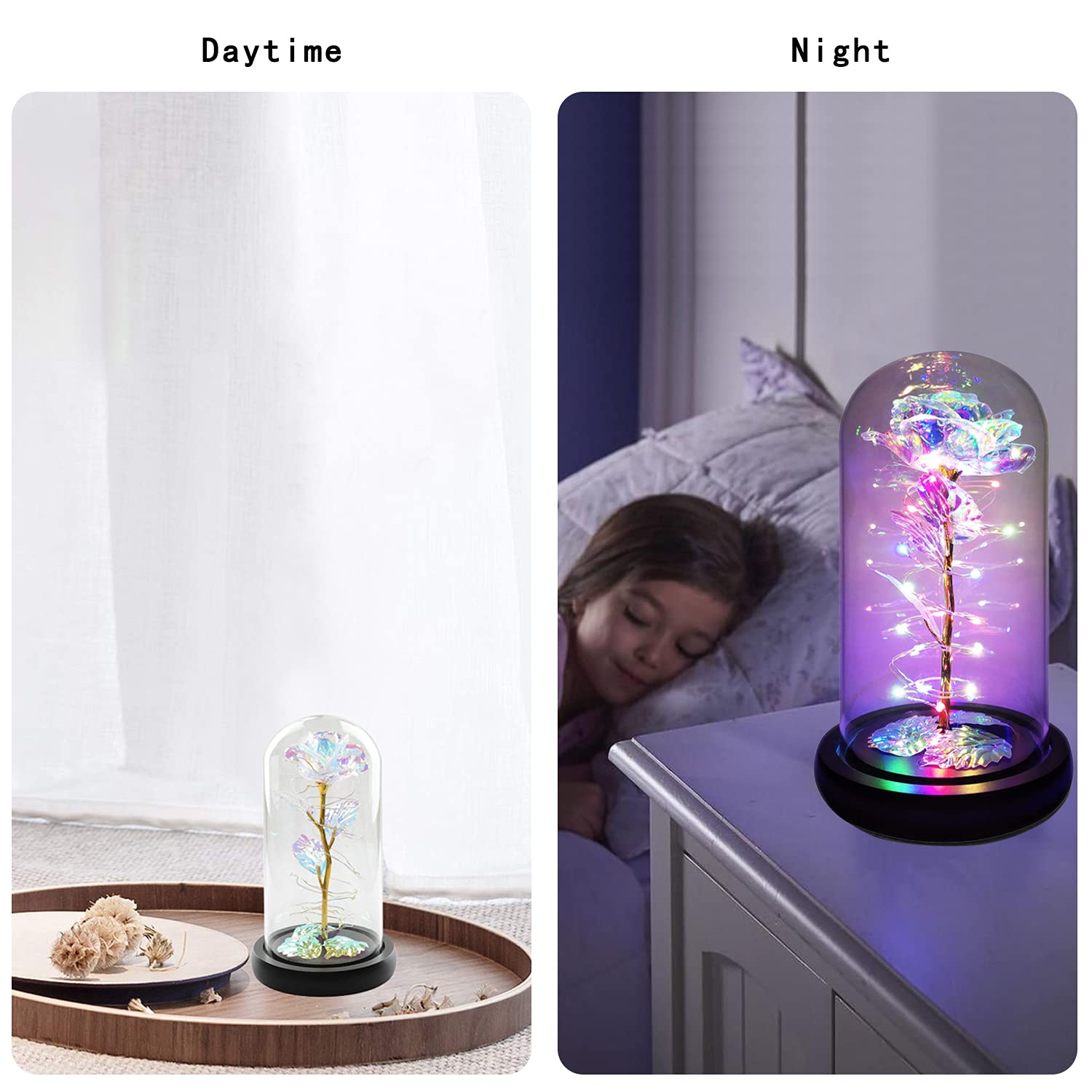 Mother's Day Rose Gift for Mom - Elegant Rainbow Light Up Rose in Glass Dome - Birthday, Anniversary, Wedding Gift for Women - Perfect Gift from Daughter or Son - Romantic Home Decor & Special Occasion Present