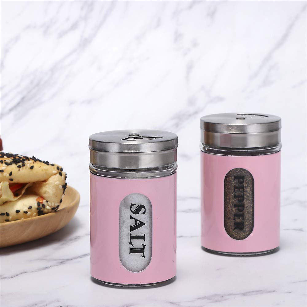 Premium Stainless Steel & Glass Salt and Pepper Shakers Set - Adjustable Pour Holes, Elegant Pink - Perfect for Kitchen, Dining Table, and Gift Giving