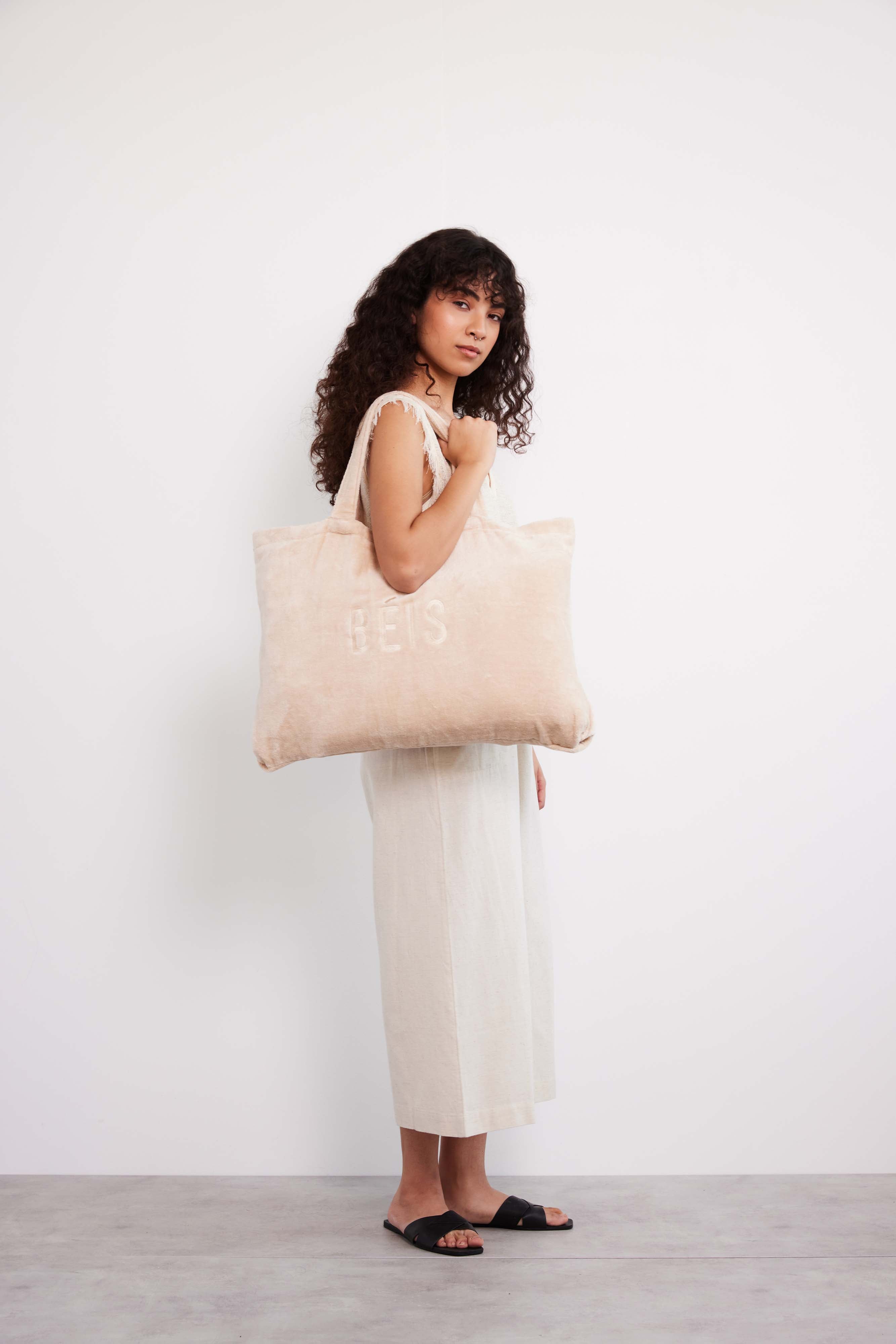 Premium Beige Terry Towel Tote Bag - Soft Cotton Beach Tote for Women - Perfect for Pool, Gym & Shopping