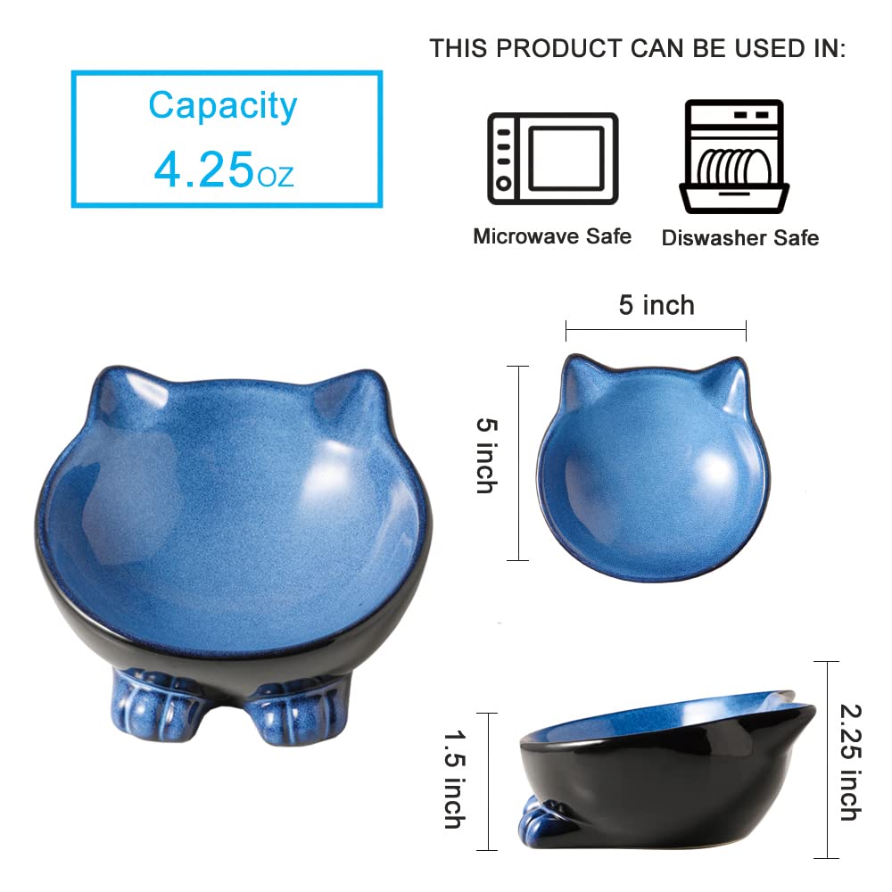 Nihow Ceramic Cat Bowl Set - 5 Inch Food & Water Dish for Cats - Food Grade, Microwave & Dishwasher Safe - Elegant Blue & Black (4.25 OZ, 1 Piece) - Perfect for Daily Feeding, Travel & Gift Giving