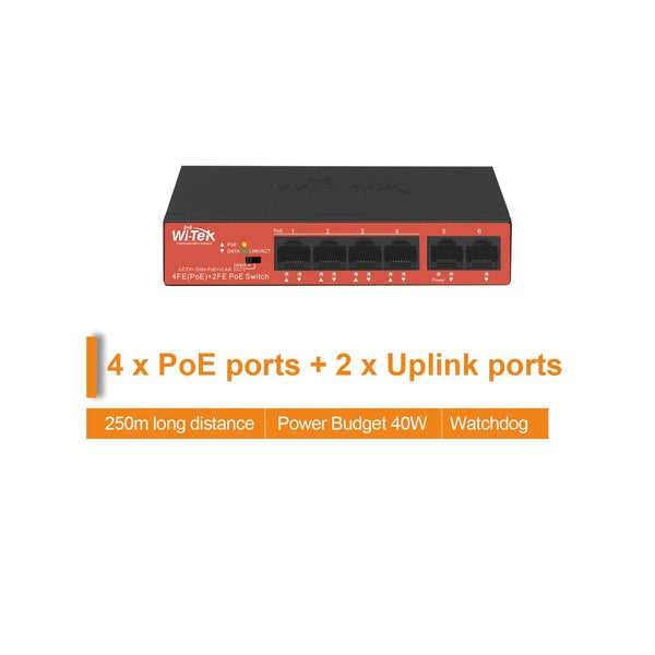 Wi Tek WI PS205H V2 4-Port PoE Switch with 4FE + 2FE Uplink Ports, 250M Long Range Power over Ethernet for IP Cameras, VoIP Phones & Wireless Access Points - Ideal for Office, Home & Outdoor Surveillance Systems