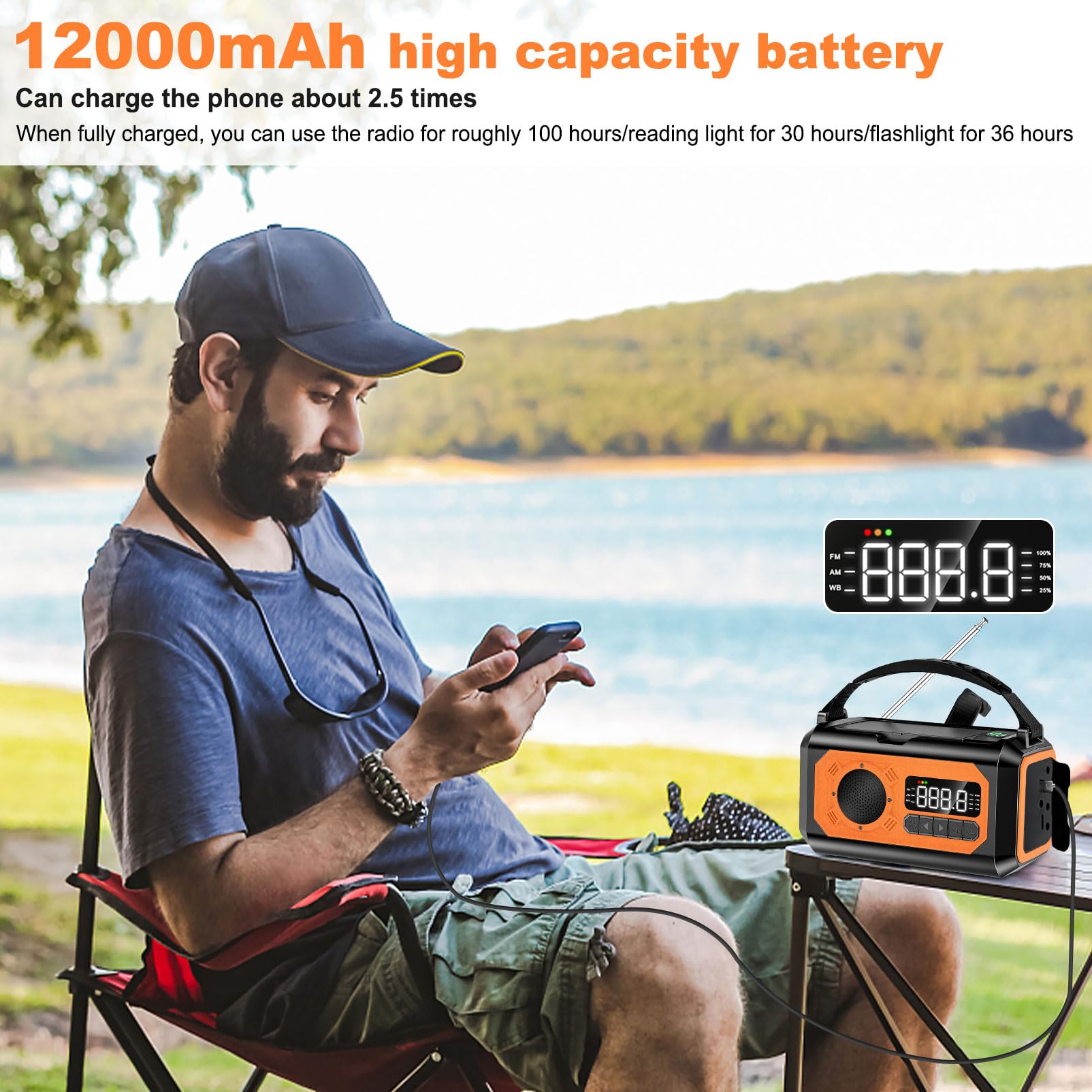 44400mWh/12000mAh Emergency Survival Radio - Solar Hand Crank AM/FM/NOAA Weather Radio with 2 Solar Panels, 3 Charging Methods, SOS Alarm, Flashlight, Phone Charger, Compass & Reading Lamp - Perfect for Camping, Hiking, Power Outages and Emergency Preparedness