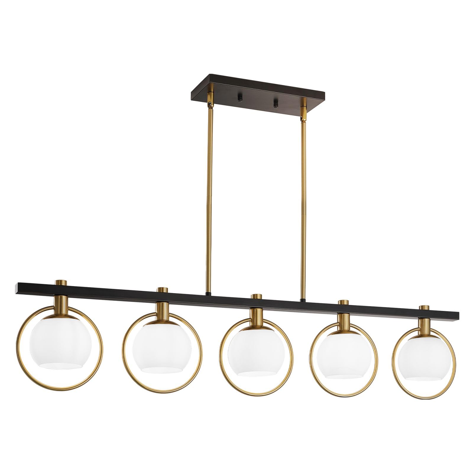 5-Light Black and Gold Farmhouse Linear Chandelier - Modern Kitchen Island Pendant Light with Glass Shade for Dining Room & Table Lighting | Perfect for Rustic Home Decor and Open Concept Spaces
