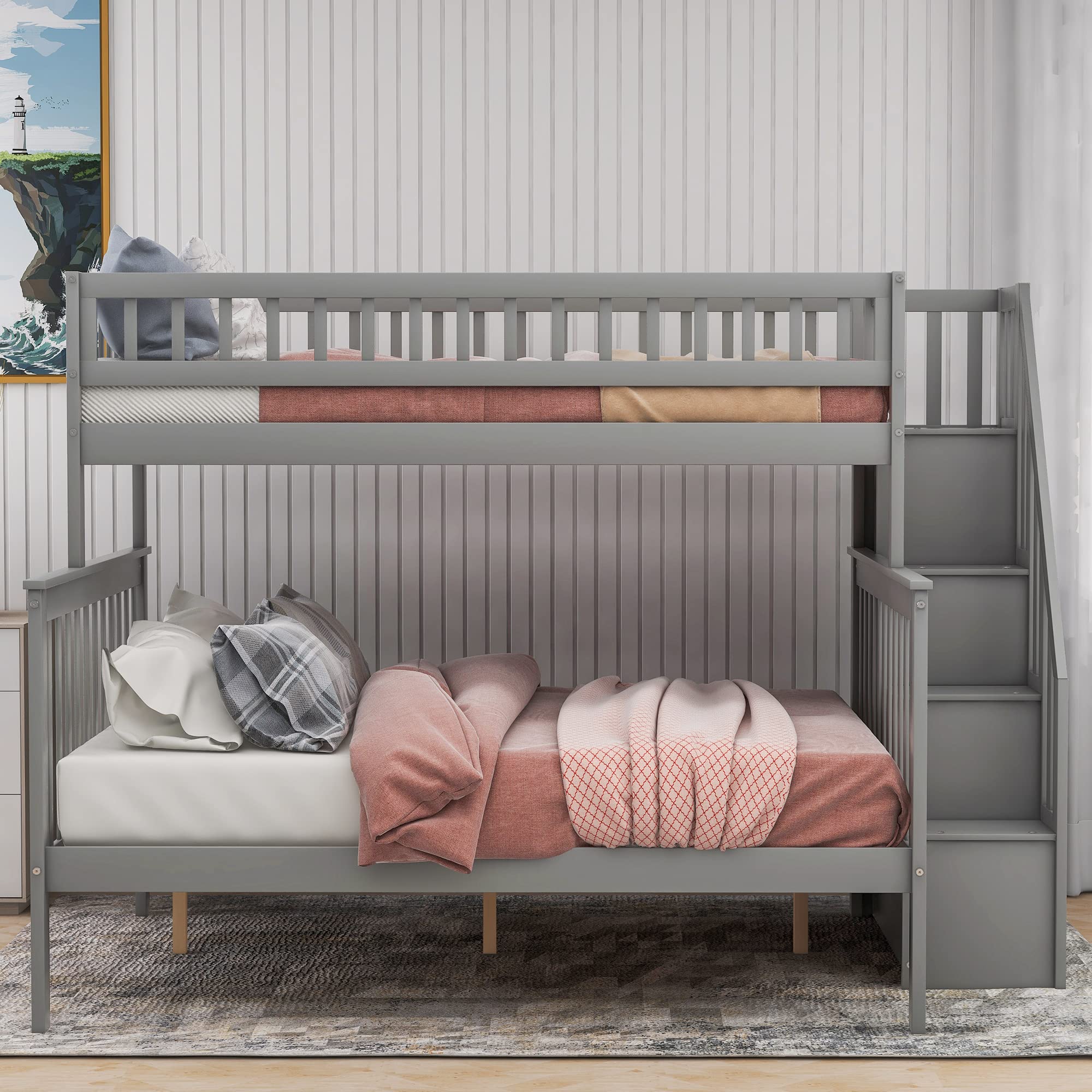 Harper & Bright Designs Twin Over Full Bunk Bed with Stairs - Sturdy Wooden Bunk Bed Frame with Storage Shelves, No Box Spring Needed - Space-Saving Kids & Teens Bedroom Furniture (Grey) - Perfect for Small Rooms, Shared Bedrooms & Vacation Homes