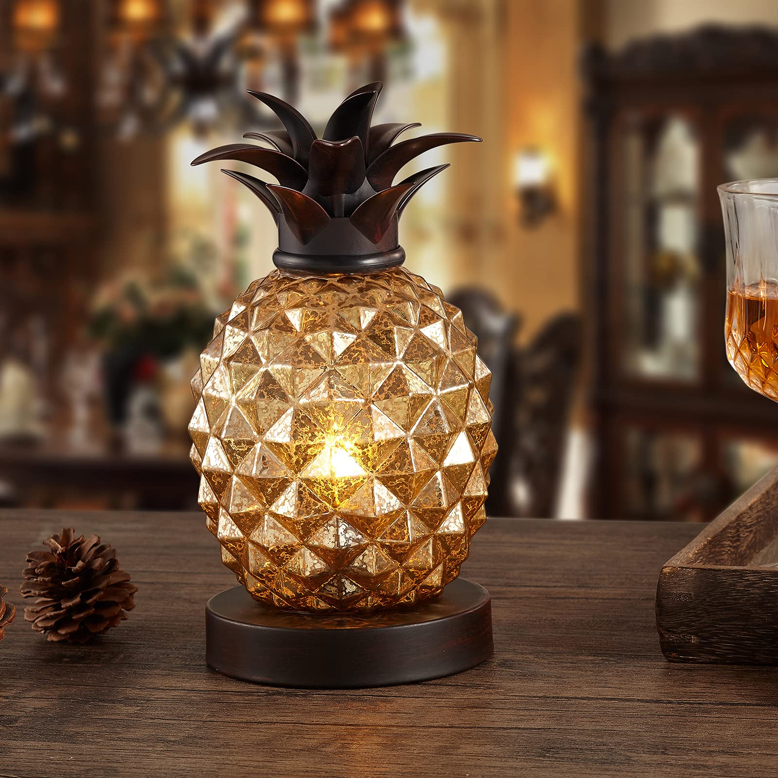 Golden Mercury Glass Pineapple Table Lamp - Elegant Night Light for Bedroom, Living Room, Kids Room, Kitchen & Dorm Decor | Perfect Gift & Festival Decoration (MJ0001)