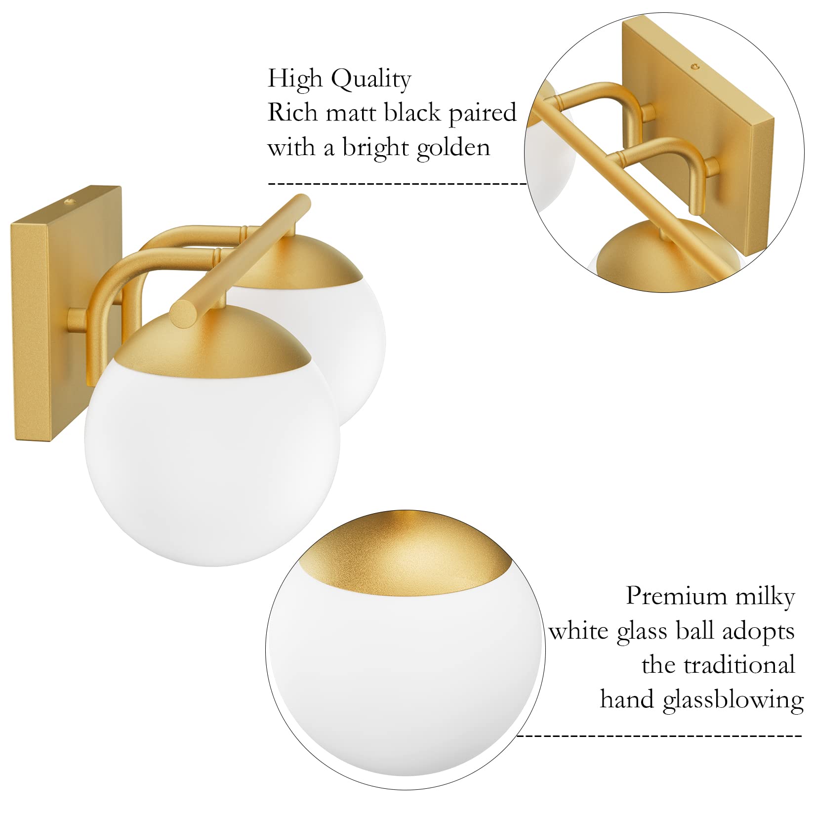 Ralbay Gold 2-Light Mid Century Modern Bathroom Vanity Light Fixture with Milky Glass Globes - Elegant Wall Sconce for Bathroom, Powder Room, and Dressing Area Lighting