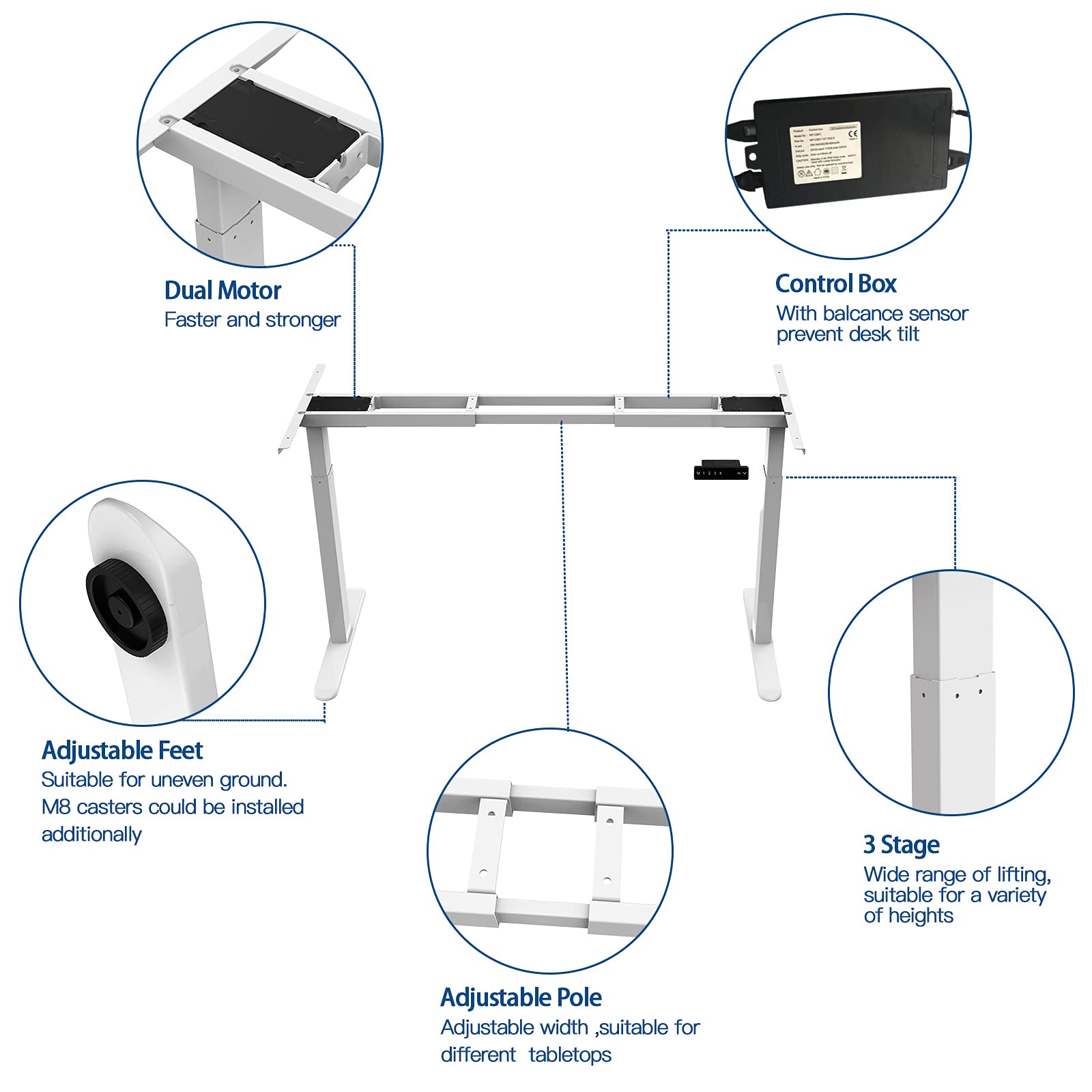 AIMEZO Dual Motor Electric Standing Desk Frame - Height Adjustable with 4 Memory Presets & USB Charging Port for Home Office (2-Tier Legs, White) | Perfect for Work from Home, Gaming Setup & Study Room Ergonomics