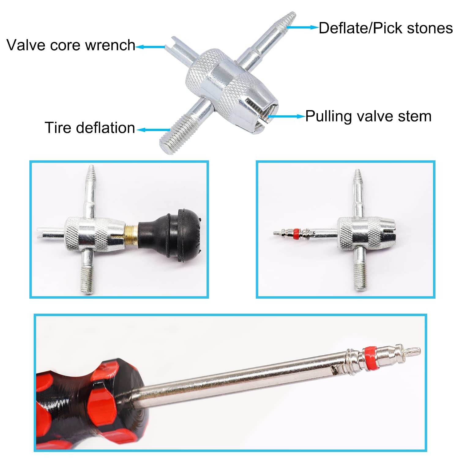 10PCS Tire Valve Stem Puller & Installer Tool Kit - Includes TR412 Valve Stems, Valve Cores, 4-Way Tool & Core Remover for Car, Bike, Motorcycle Tire Repair - Perfect for Mechanics & DIY Auto Maintenance