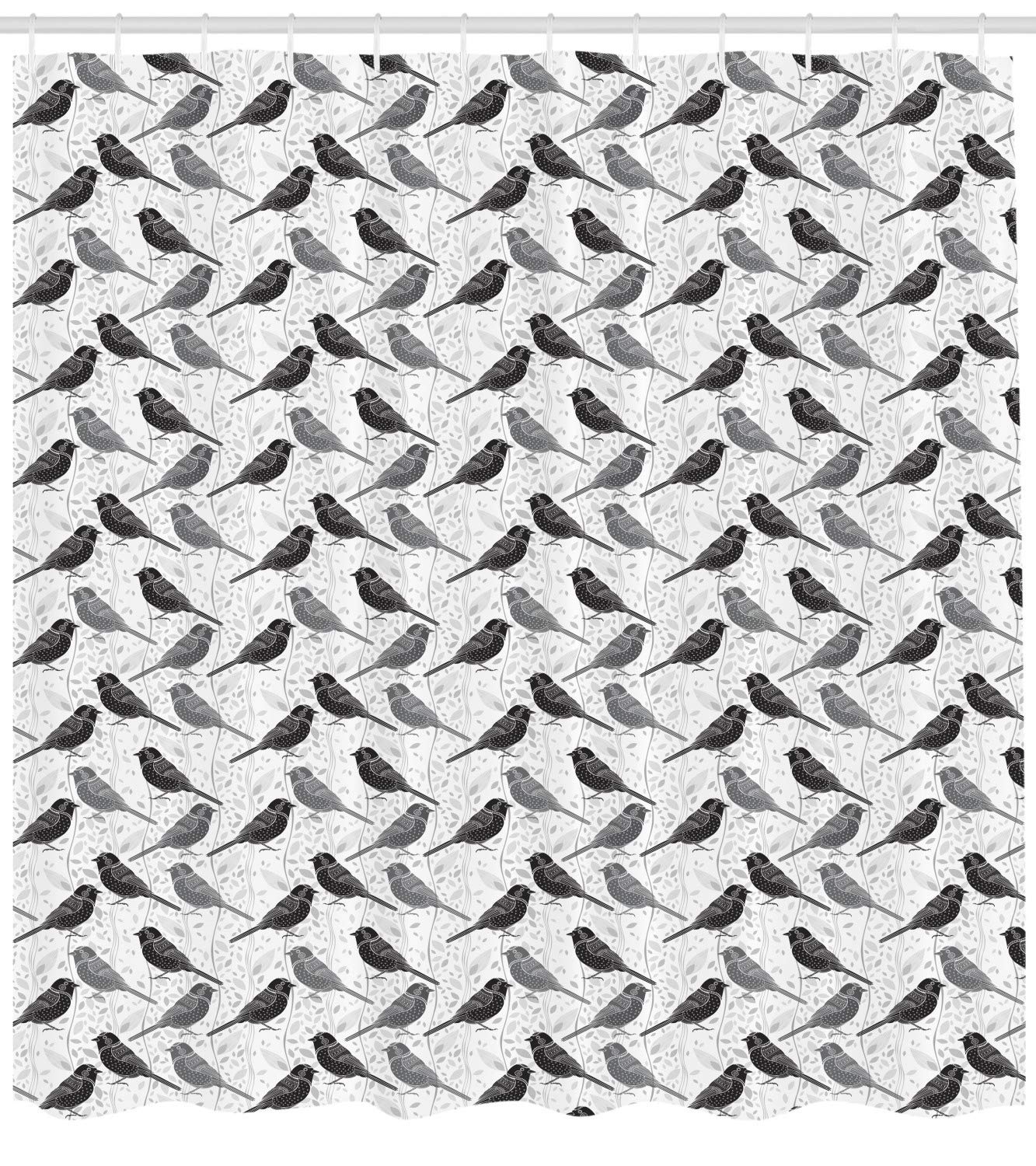 Ambesonne Birds Shower Curtain - Northern Mockingbirds Silhouette on Damask Leaves, Grey Black White Bathroom Decor Set with Hooks, 69