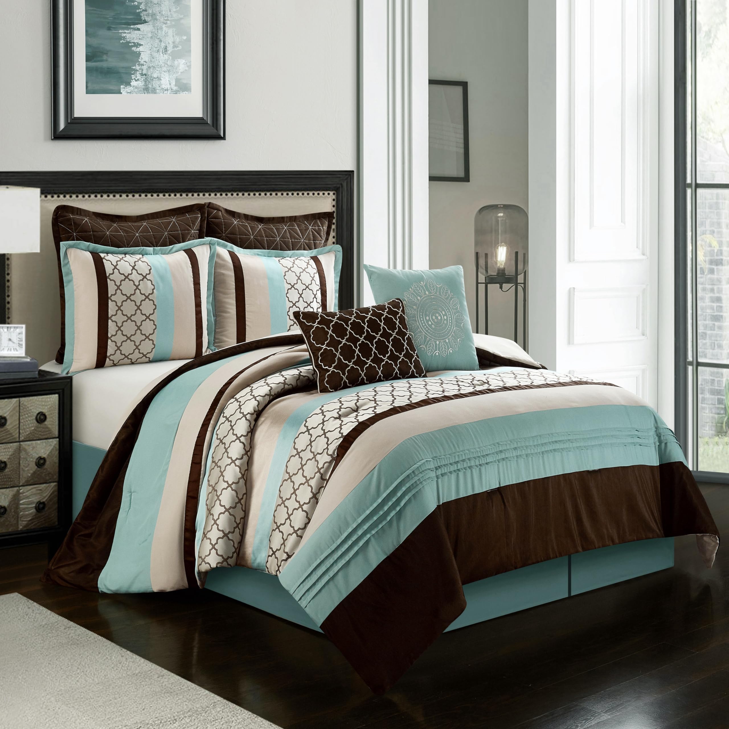 Stratford Park 8-Piece Queen Size Comforter Set - Striped Pintuck Design in Aqua Brown | Includes Matching Bedskirt, Pillows & Shams | Perfect for Master Bedroom, Guest Room & Vacation Homes