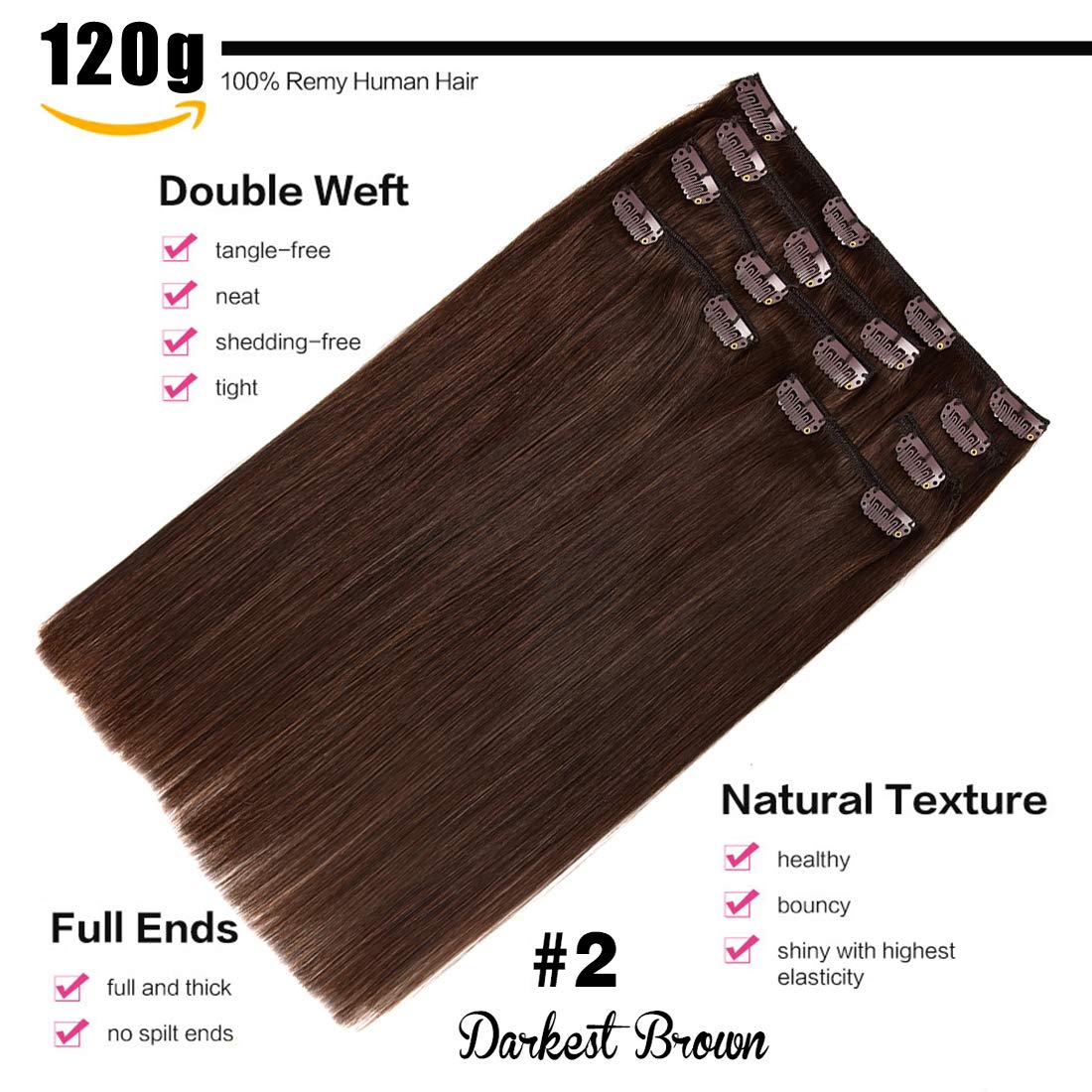 Clip in Hair Extensions 18 Inch Real Human Hair - 7pcs Dark Brown #2 Remy Hair Weft (120g) for Thickening & Lengthening - Perfect for Weddings, Parties & Daily Styling