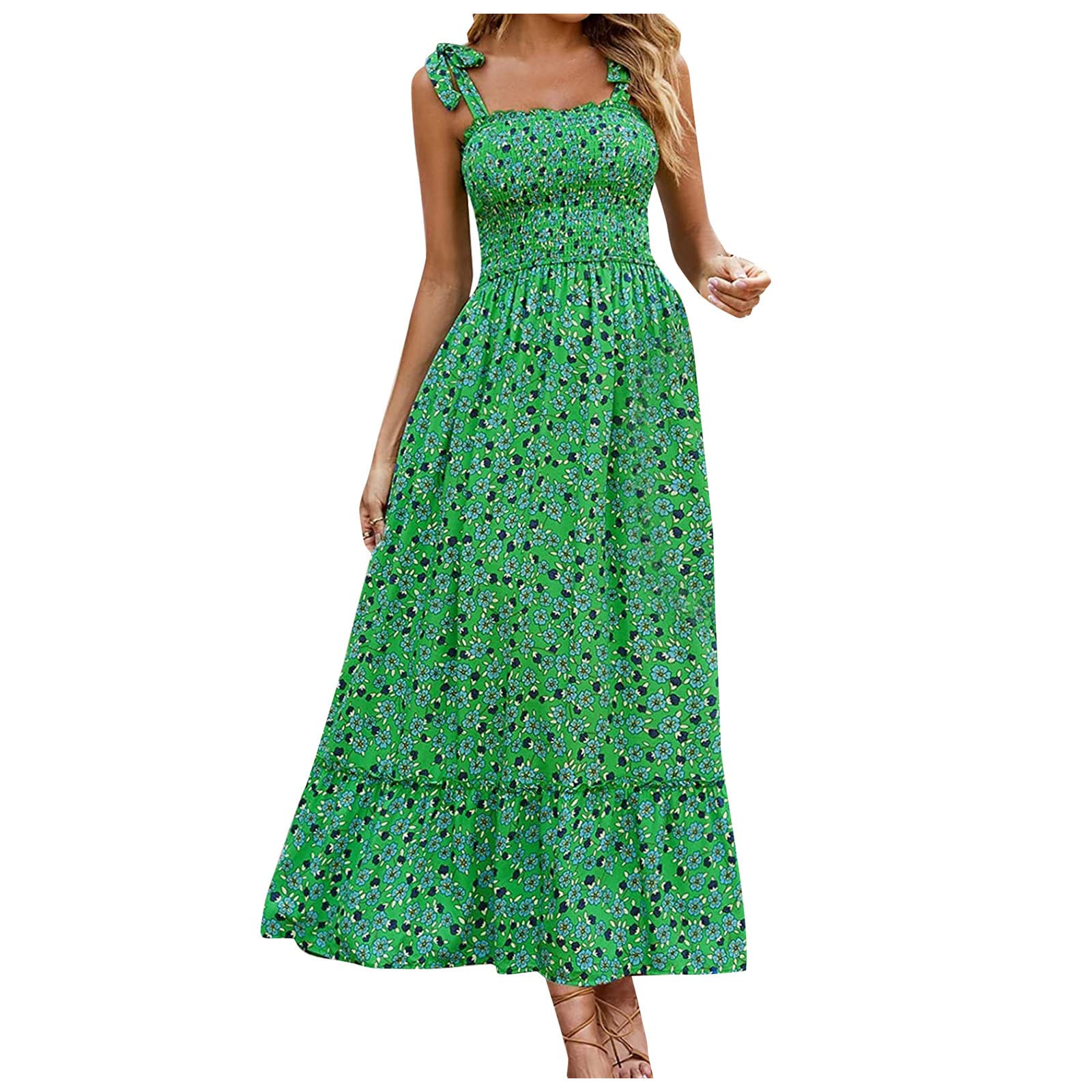 Women's Boho Floral Print Maxi Dress - Sleeveless Square Neck with Tie Straps, Smocked Waist & Flowy Ruffle A-Line Design | Perfect for Summer Beach Vacations, Music Festivals & Boho Chic Outfits