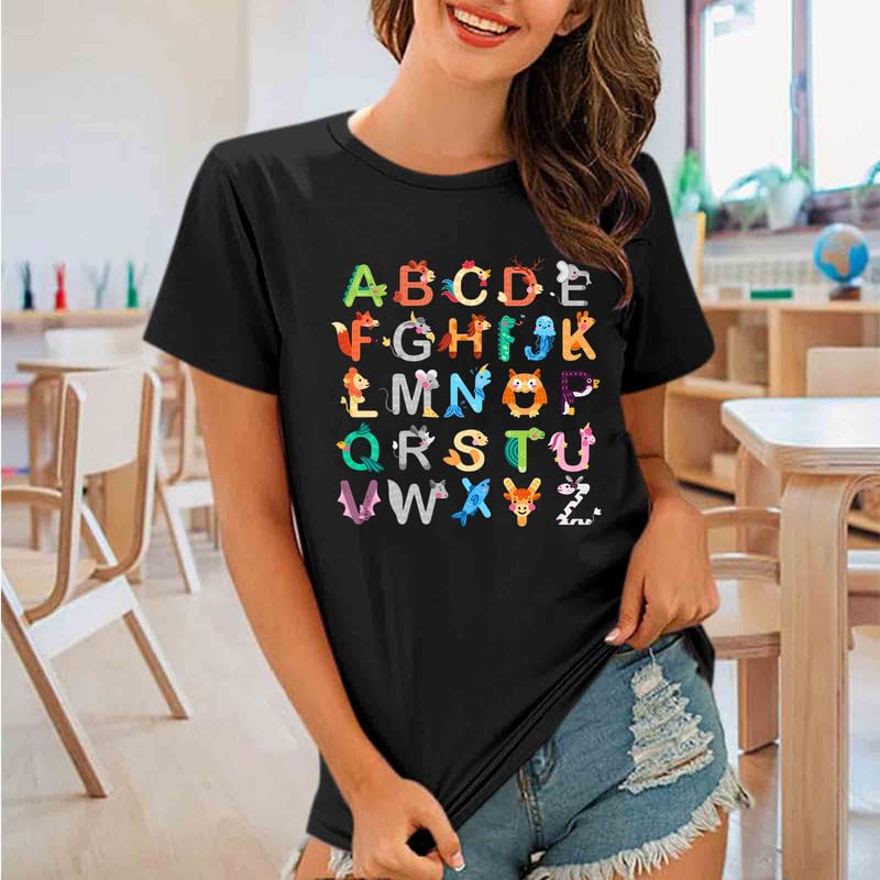 Funny ABC Animals Alphabet Graphic Tee for Women Teachers - Cute Kindergarten Teacher Shirt - Perfect Gift for Educators & Back to School Outfits - Classroom Teaching Apparel & Casual Wear