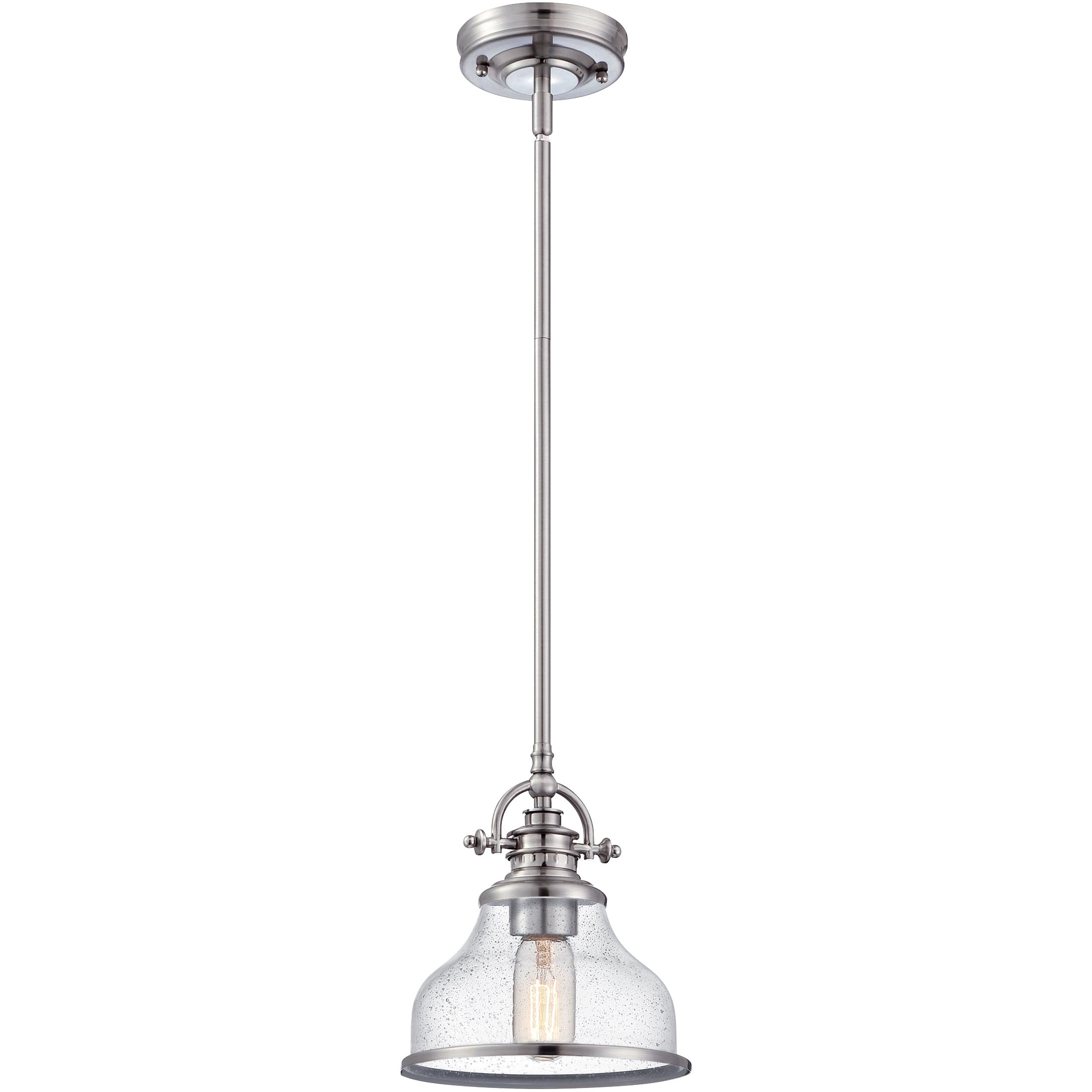Quoizel Grant Mini Pendant Light Fixture - 8 Inch Brushed Nickel with Clear Seeded Glass Shade - Single Bulb Hanging Ceiling Light for Kitchen Island, Dining Room, Bedroom, Hallway, Bar, Cafe & Office - Perfect for Modern & Industrial Home Decor