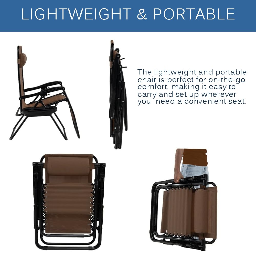 EZONE Zero Gravity Lounge Chair - Adjustable Reclining Outdoor Patio Chair with Steel Mesh & Cup Holder - Foldable Recliner for Pool, Beach, Camping - Includes Comfort Pillows - Perfect for Relaxing in Backyard, Garden or Vacation (Brown)