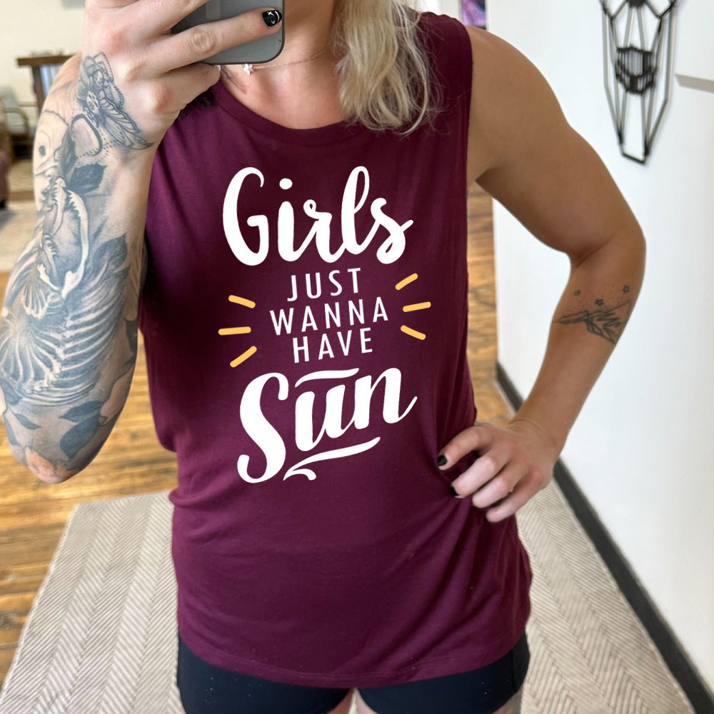 Girls Just Wanna Have Sun Muscle Tank Top - Women's Sleeveless Casual Summer T-Shirt for Beach, Gym, and Outdoor Activities