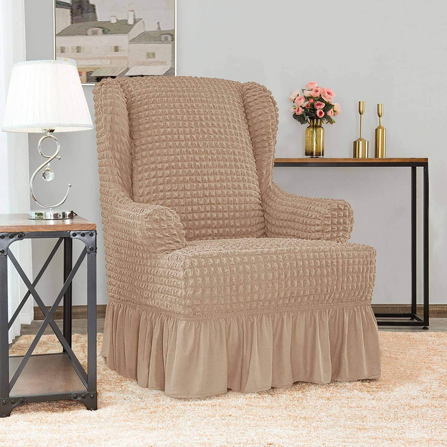 1-Piece Soft Wingback Chair Cover with Elegant Ruffle Skirt - Washable, High Elastic Slipcover, Durable Furniture Protector in Shallow Khaki - Perfect for Living Room, Bedroom, and Office Decor