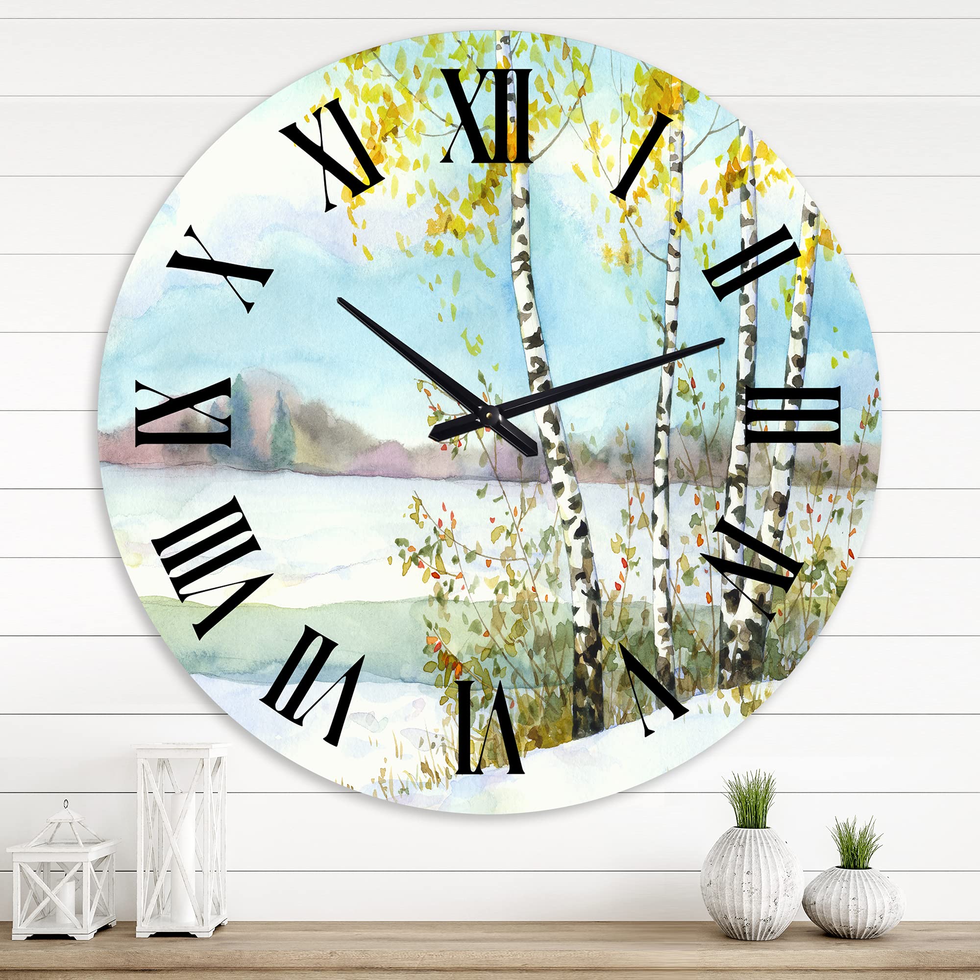 DesignQ Lake House Wall Clock 'Birches in Snowy Field' - Large Landscape Nature Wall Clock for Living Room, Bedroom & Office Decor - Perfect Rustic Home Décor for Cabin, Farmhouse or Lake House