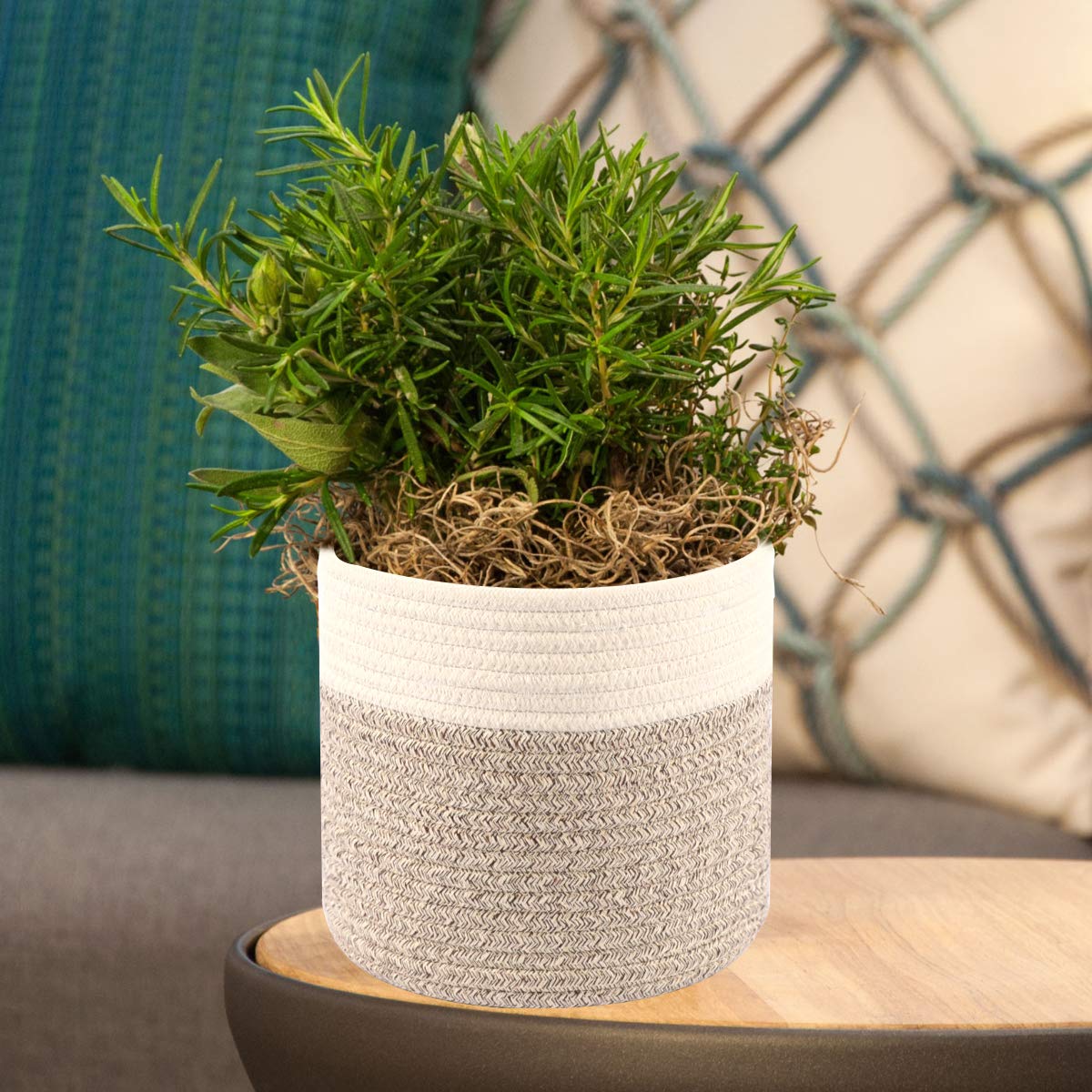 Modern Cotton Rope Plant Basket - 8.5 Inch Woven Indoor Planter Pot with Rustic Home Décor for Plants, Storage & Organization (Grey & White) - Perfect for Living Room, Bedroom, Balcony & Office Decor