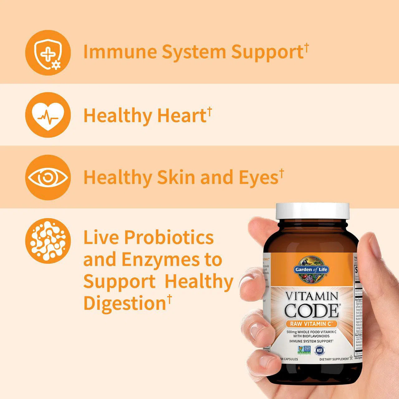 Garden of Life Vitamin Code Raw Vitamin C Supplement - 60 Vegan Capsules for Immune Support, Antioxidant Boost & Skin Health - Perfect for Daily Wellness & Cold Season Defense