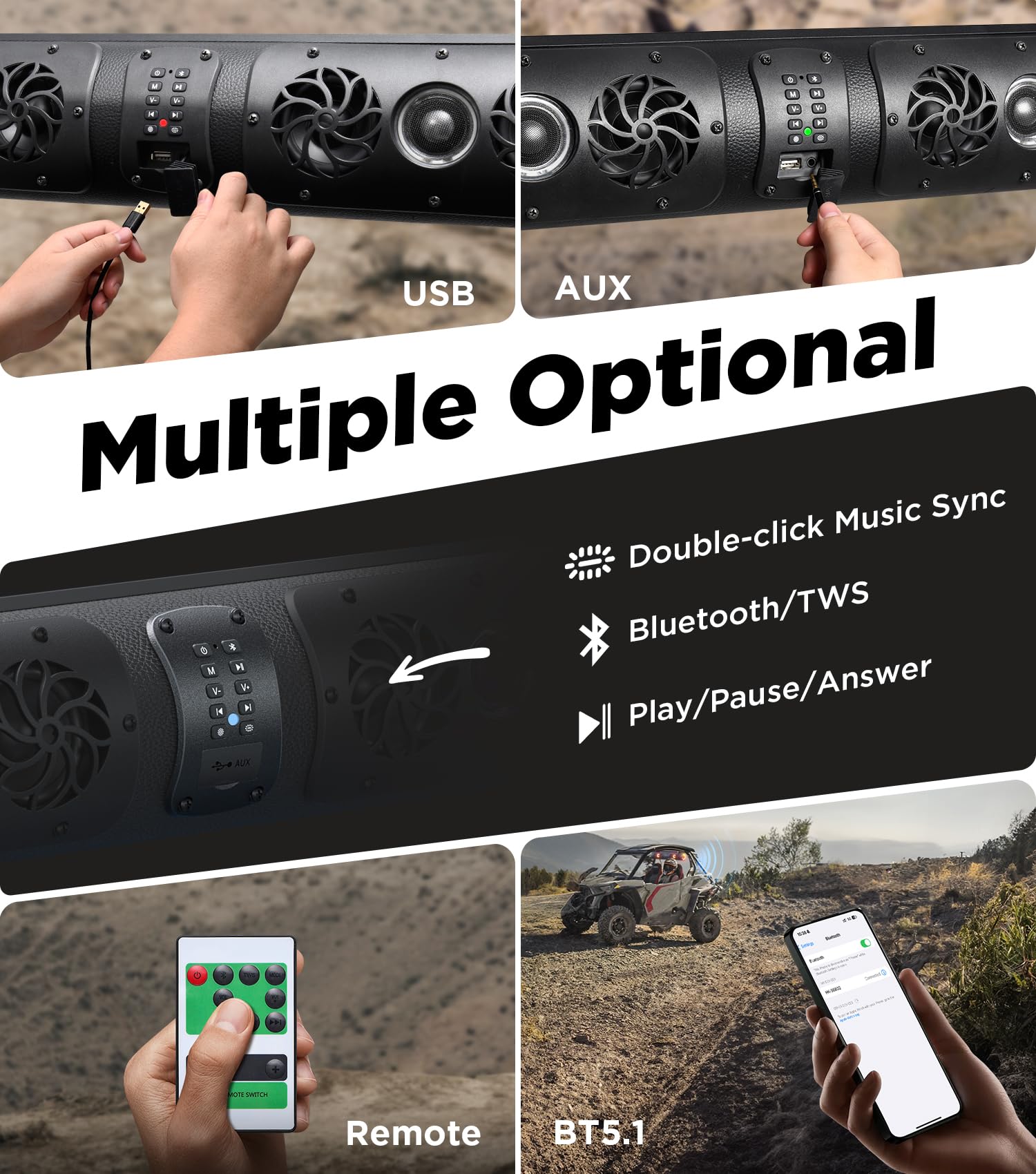 27 Inch UTV Sound Bar with Bluetooth - Waterproof ATV Stereo System with Multicolor LED Lights | Compatible with Polaris RZR, Can-Am SXS & Marine Boats | Perfect for Off-Road Adventures, Golf Carts & Outdoor Parties