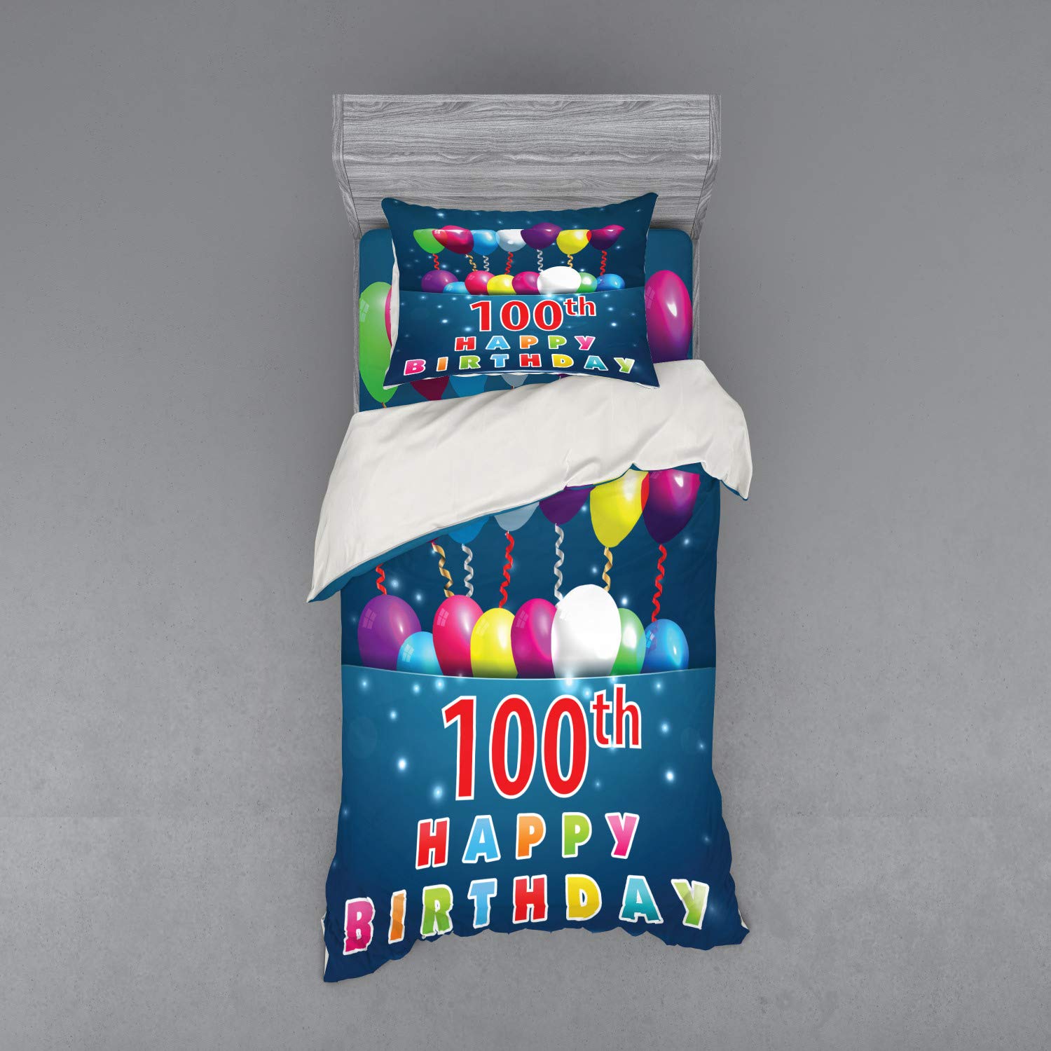Ambesonne 100th Birthday Duvet Cover Set - Colorful Balloons & Star Dots Design, 3-Piece Twin Size Bedding Set with Sham & Fitted Sheet in Blue/Dark Blue | Perfect for Milestone Celebrations, Guest Rooms & Birthday Party Decor